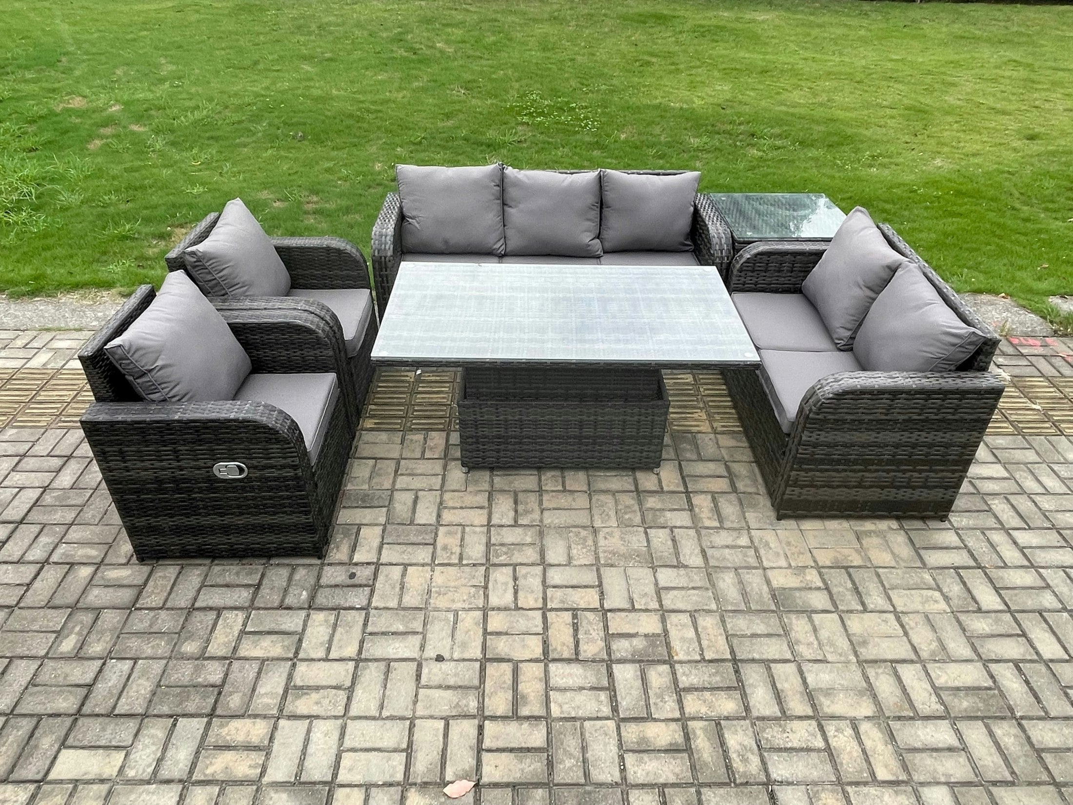 Rackhams Dark/Grey Mixed Pe Rattan Outdoor Dining Set - Height Adjustable Lifting Table, Reclining Chair & Side Table