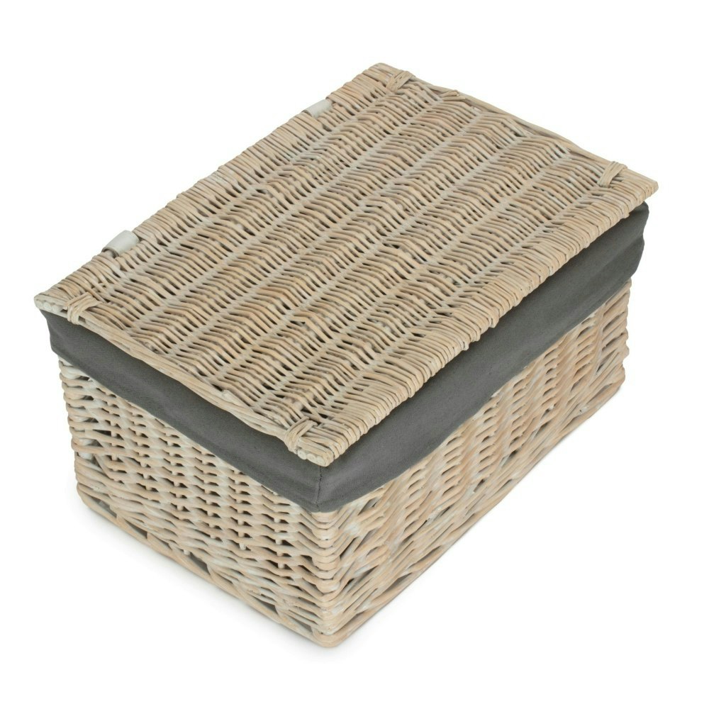 Rackhams Grey Whitewash Steamed Cotton Lined Wicker Storage Basket - Medium