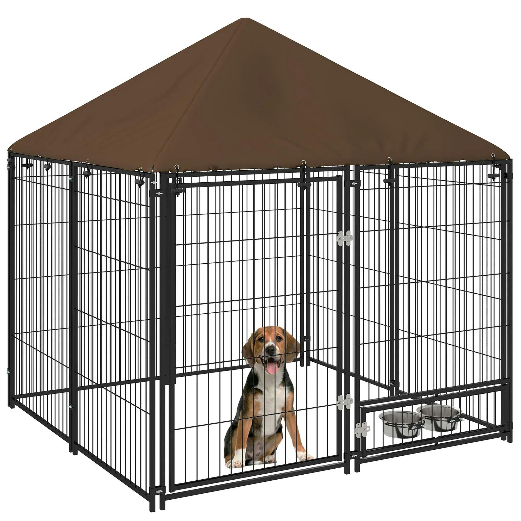 Pawhut Unisex Brown Outdoor Dog House Kennel With Canopy Top & Lock Rotating Bowl Holder In - Image 12