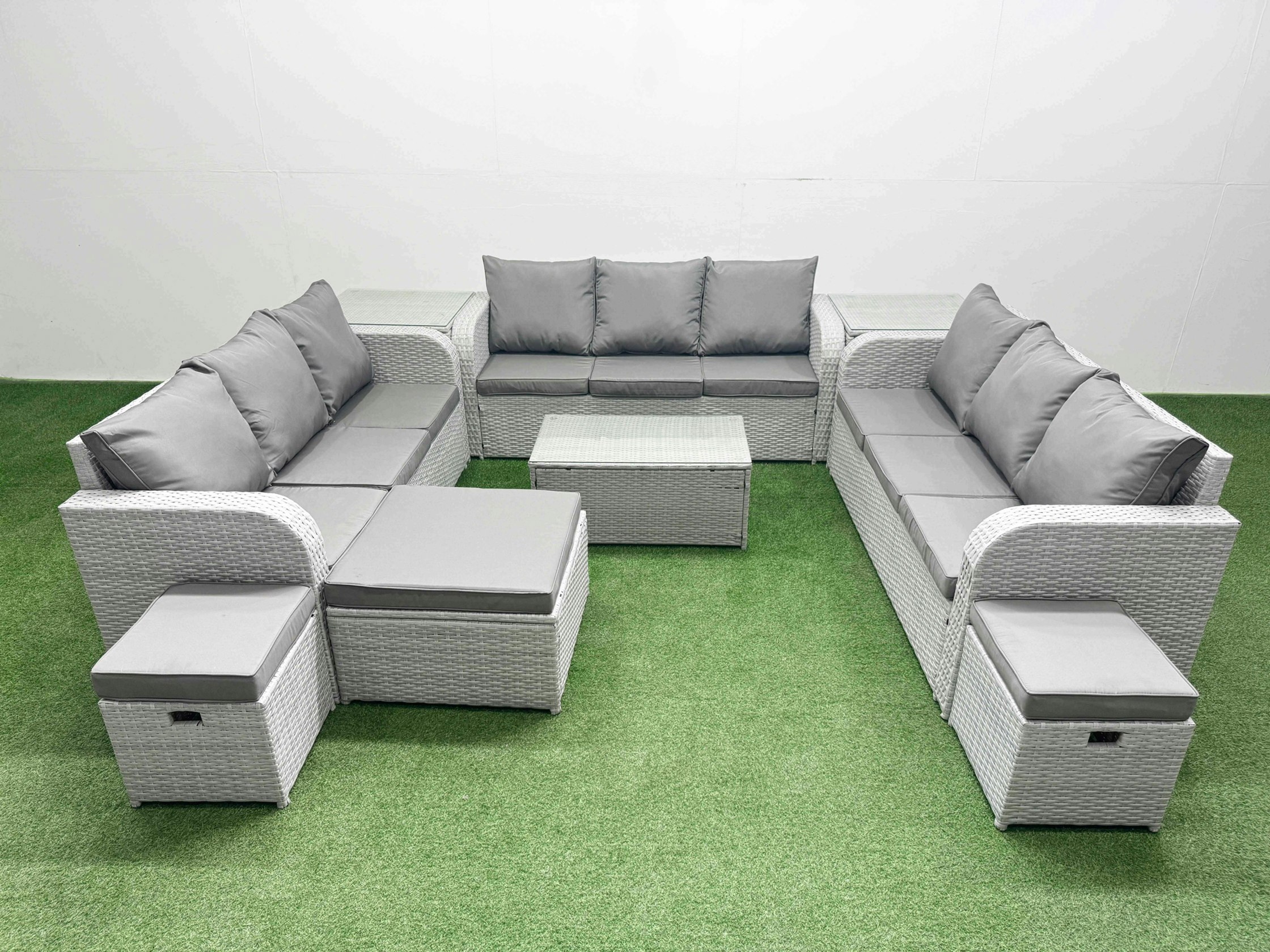 Rackhams Light/Grey Pe Rattan Lounge Sofa Set 12 Seater Outdoor Garden Furniture Set With Rectangular Coffee Table 3 Seater Sofa 3 Stools 2 Side Table
