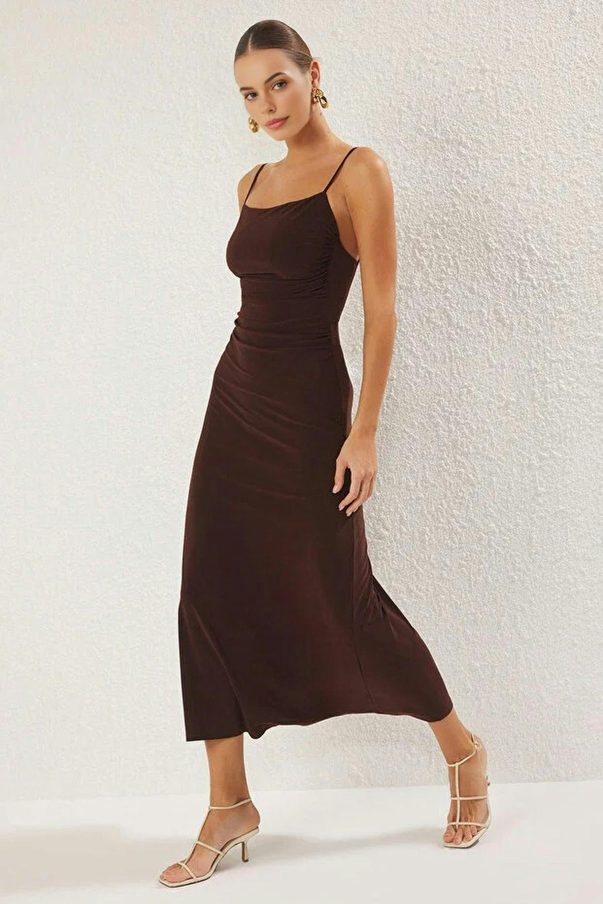 Wovcor Brown Strappy Backless A-Line Maxi Knit Dress - Xl
