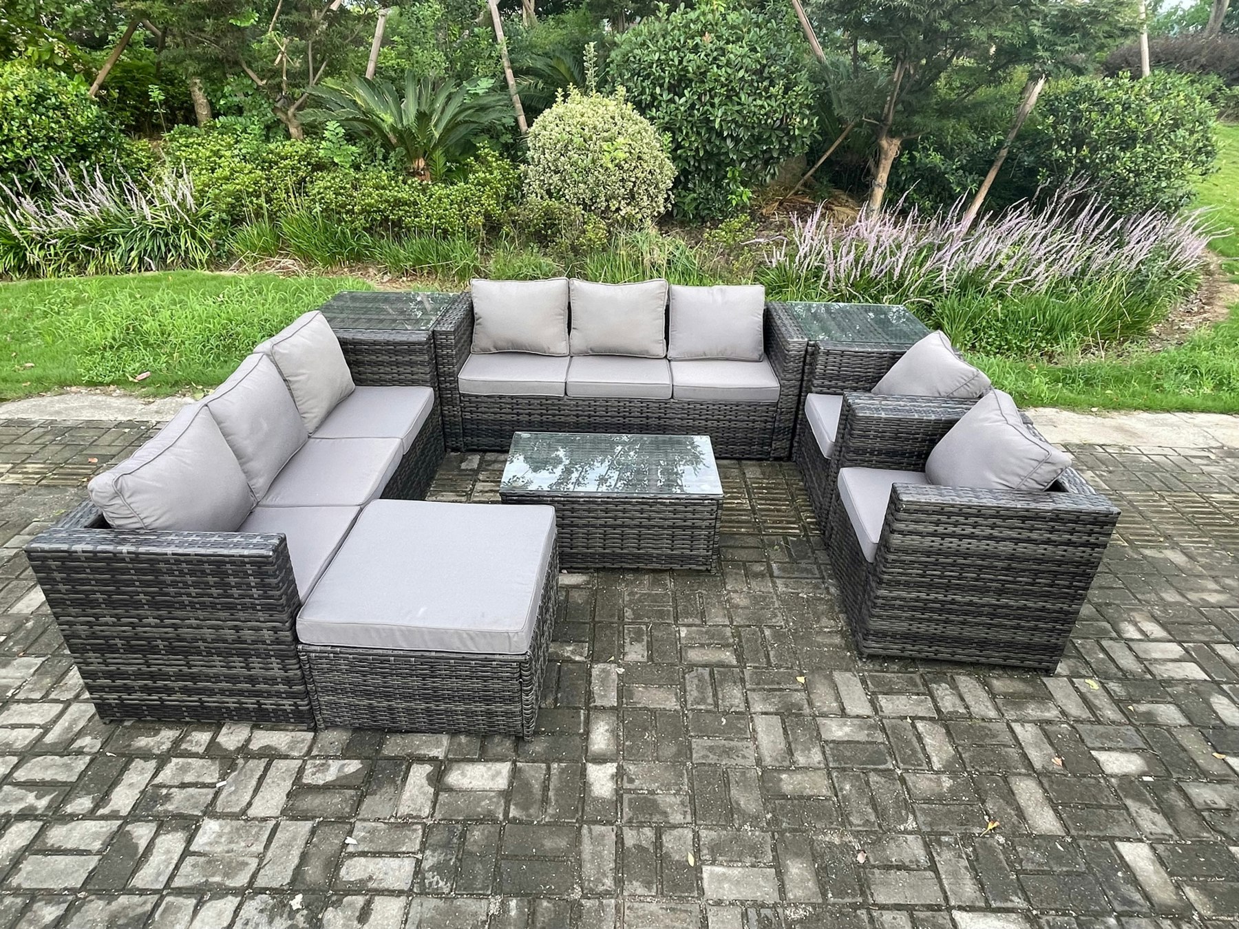 Fimous Dark/Grey Outdoor Lounge Sofa Set Wicker Pe Rattan Garden Furniture Set With 2 Armchairs Oblong Coffee Table 2 Side Tables Big Footstool Mixed
