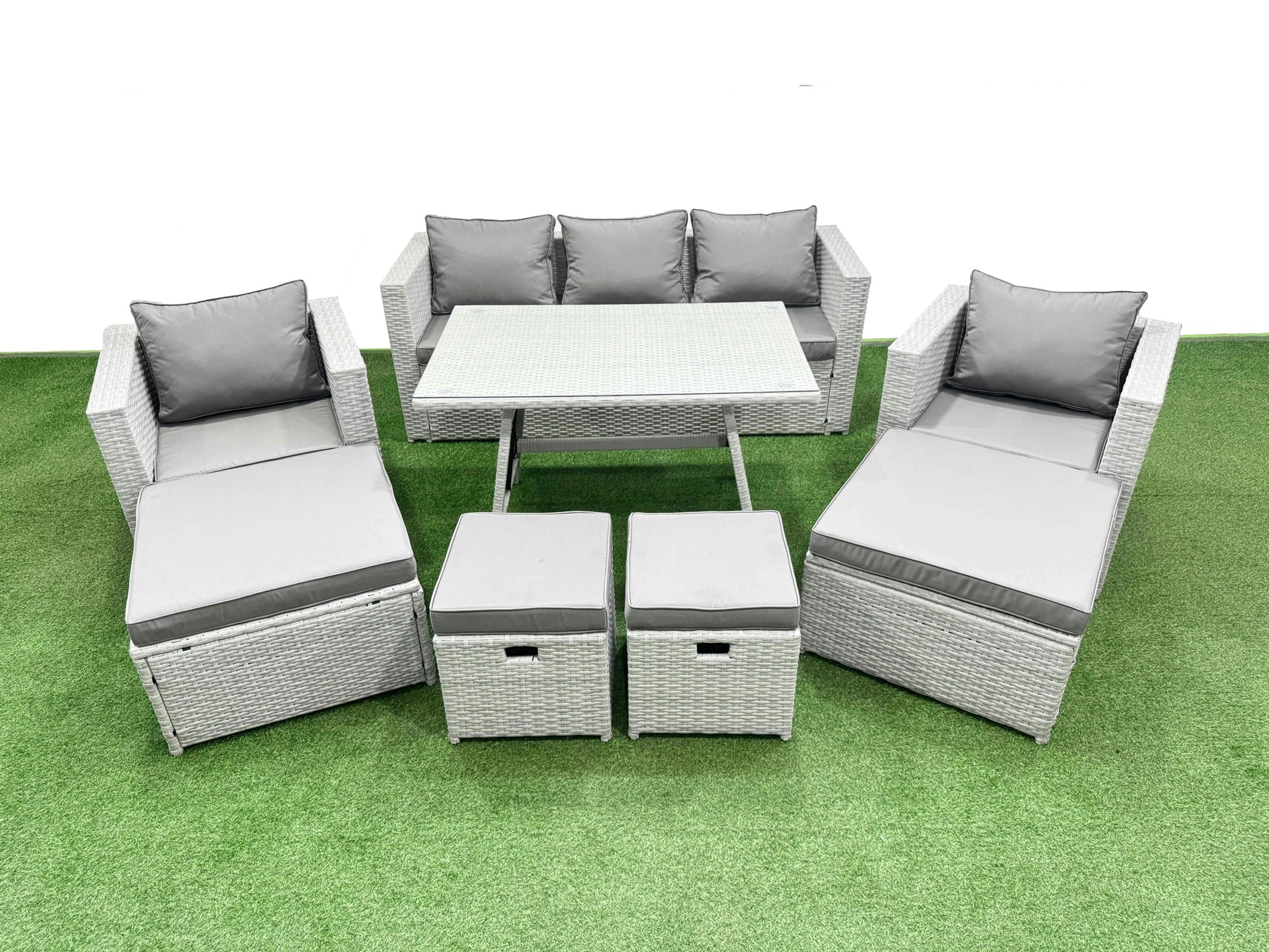 Fimous Light/Grey 8 Pieces Outdoor Pe Rattan Sofa Armchair Set Patio Garden Furniture Sets With Cushions 4 Stools