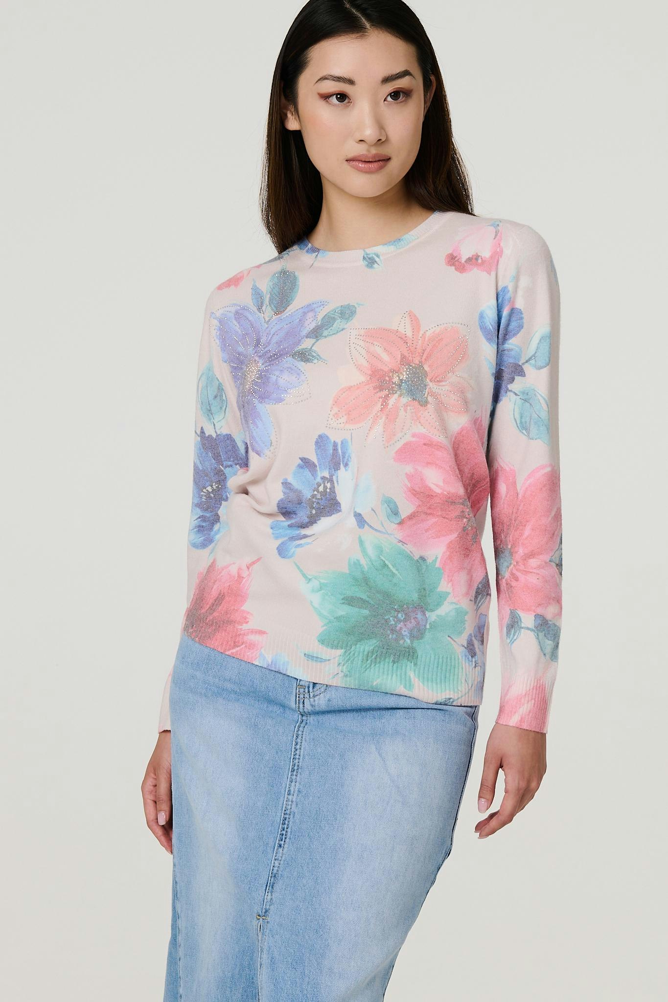 Izabel London Beige Floral Diamante Detail Long Sleeve Jumper - S