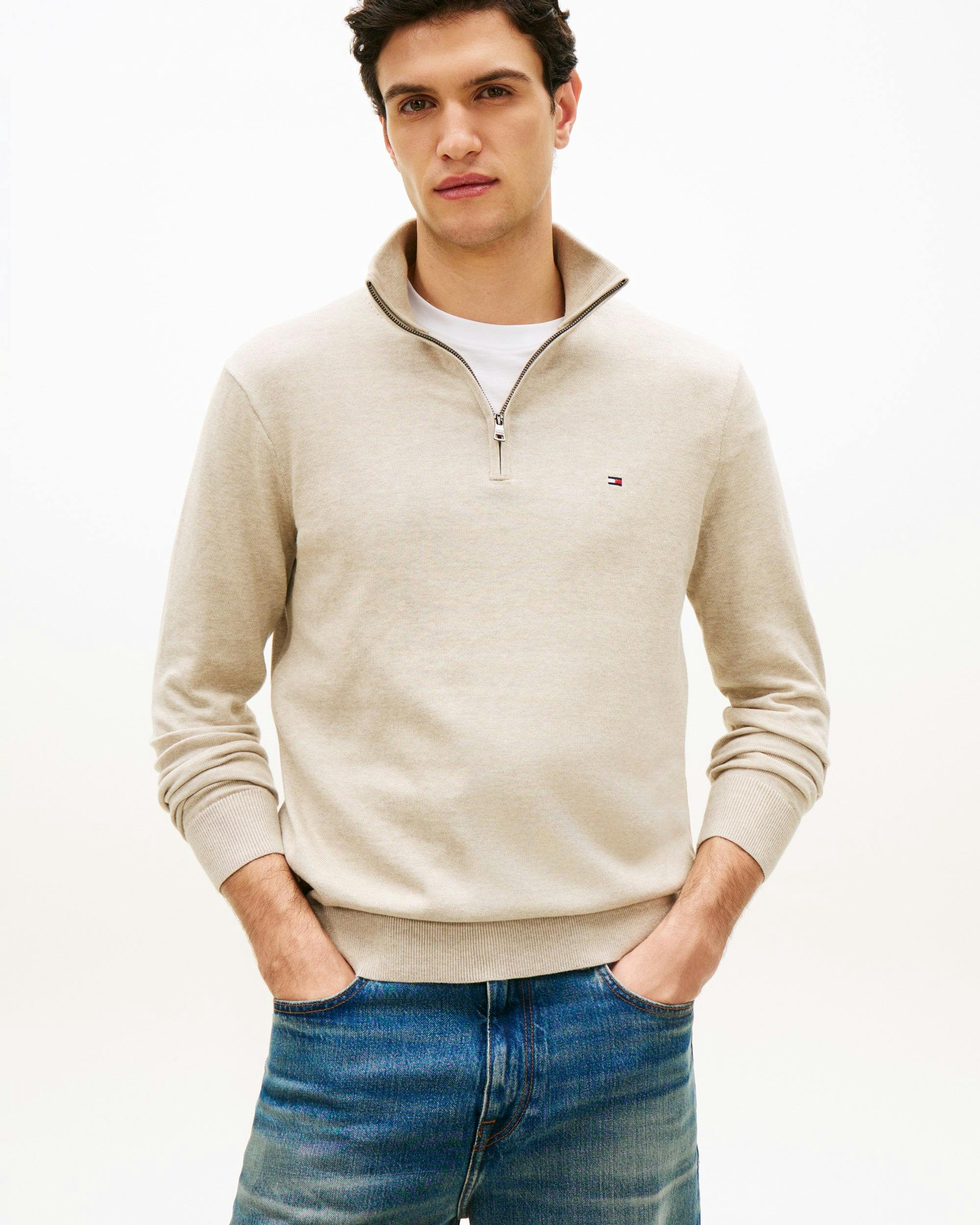 Tommy Hilfiger Men's Essential Cotton 1/4 Zip Mock Sweatshirt - Sandalwood Heather - Sandalwood Heather - Xl