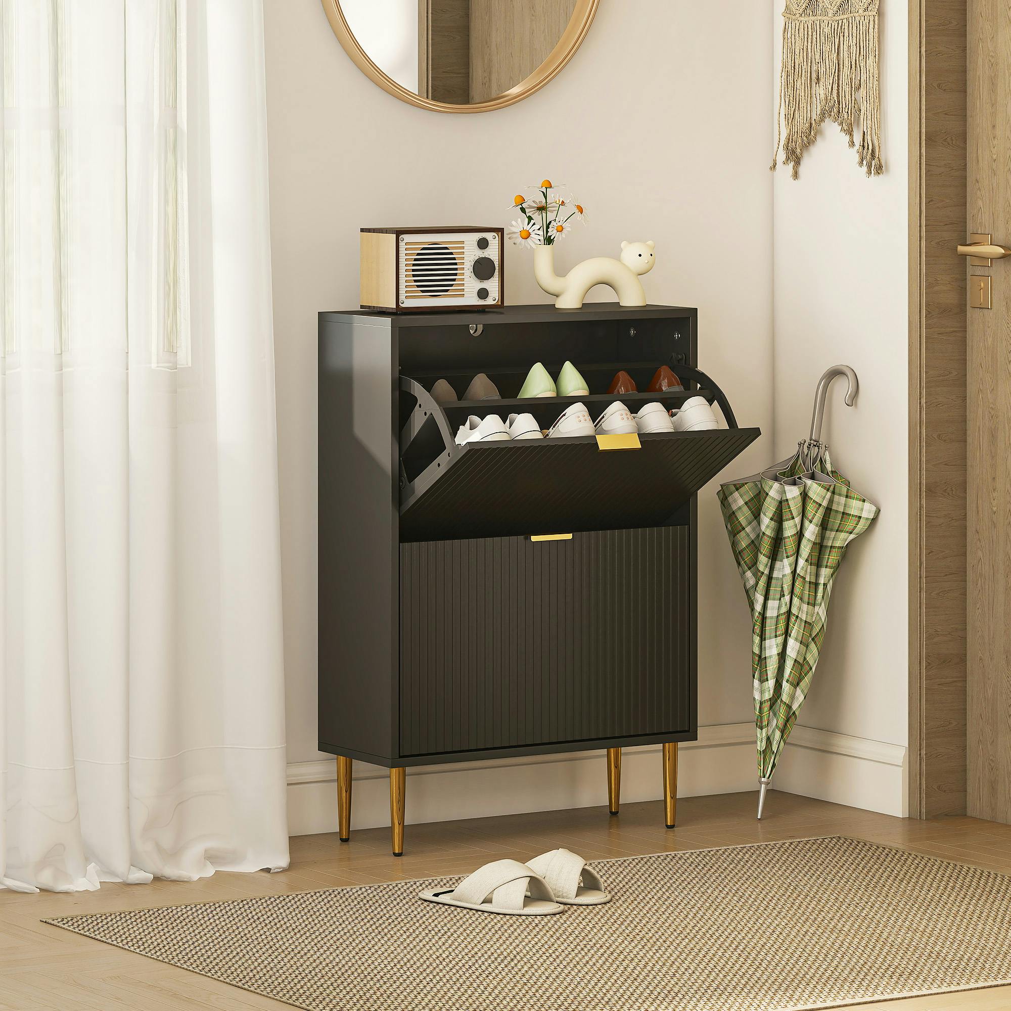 Rackhams Black Slim Shoe Storage Cabinet With 2 Flip Drawers For Hallway, - 60W X 24D X 91.5H Cm
