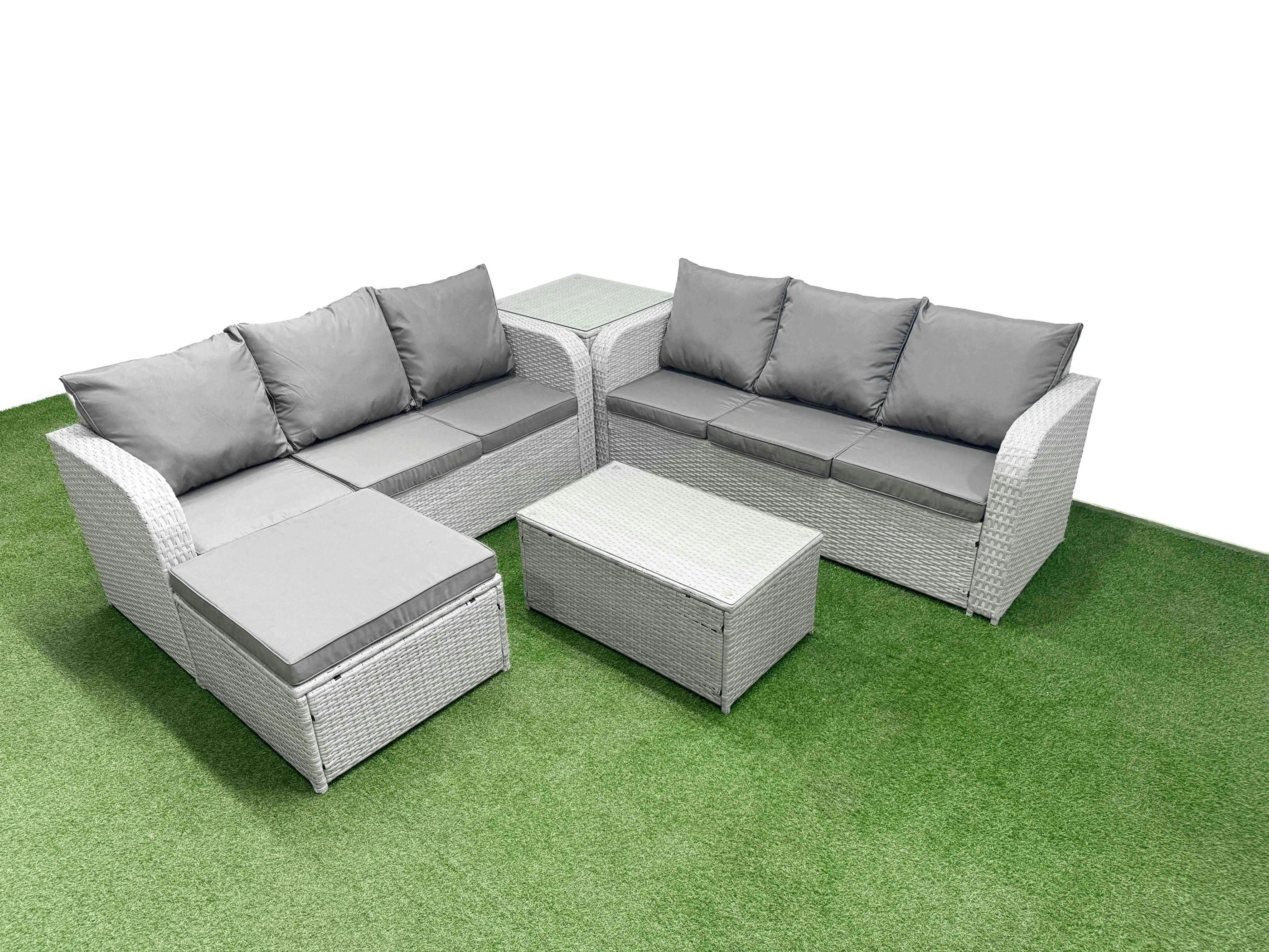 Rackhams Light/Grey 7 Seater Patio Sofa Set, Wicker Rattan, Coffee Table, High Back Lounge Sofa, Big Footstool And Side Table,