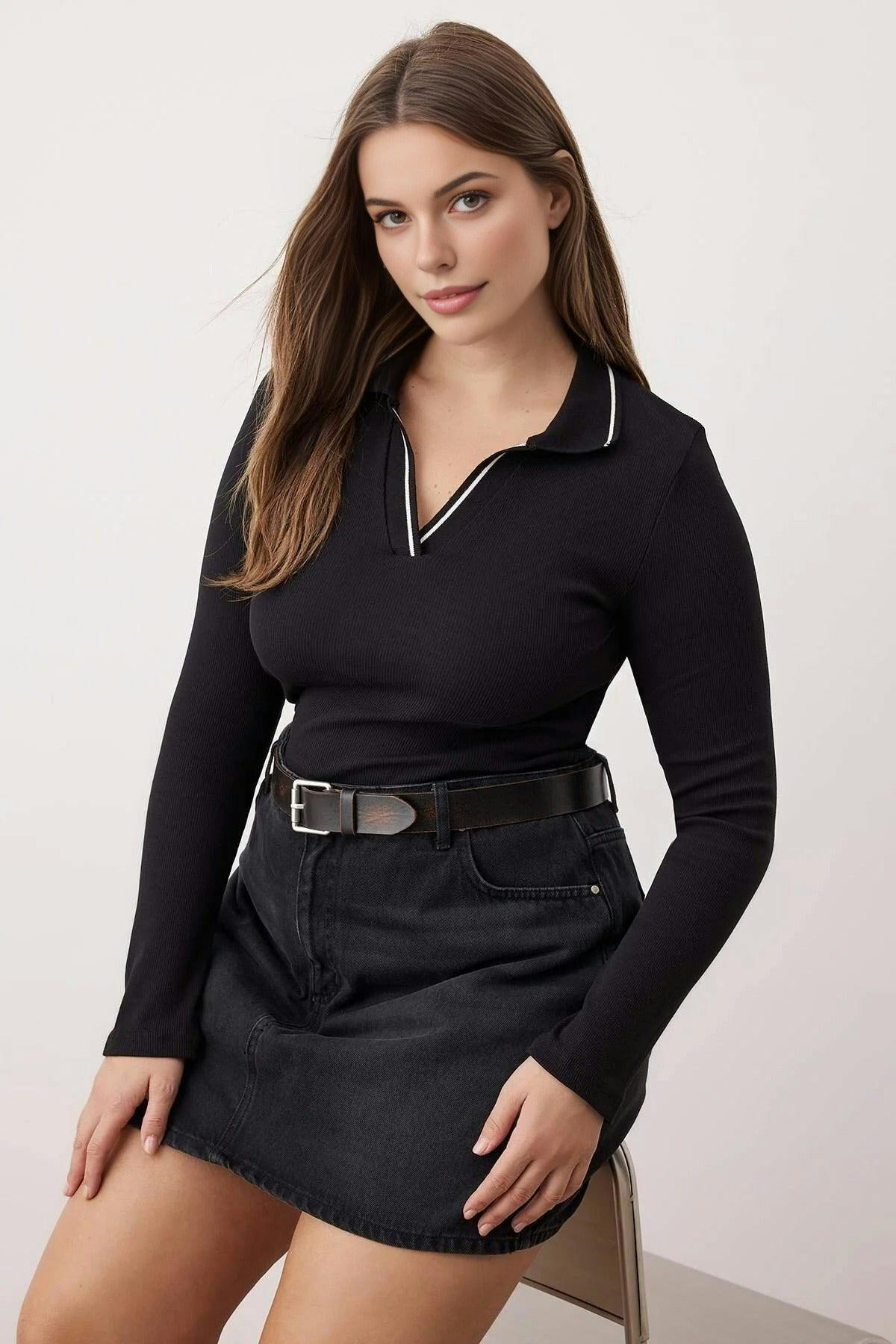 Wovcor Black Knitted Collar Detail Fitted Ribbed Stretch Knit Blouse - 6XL