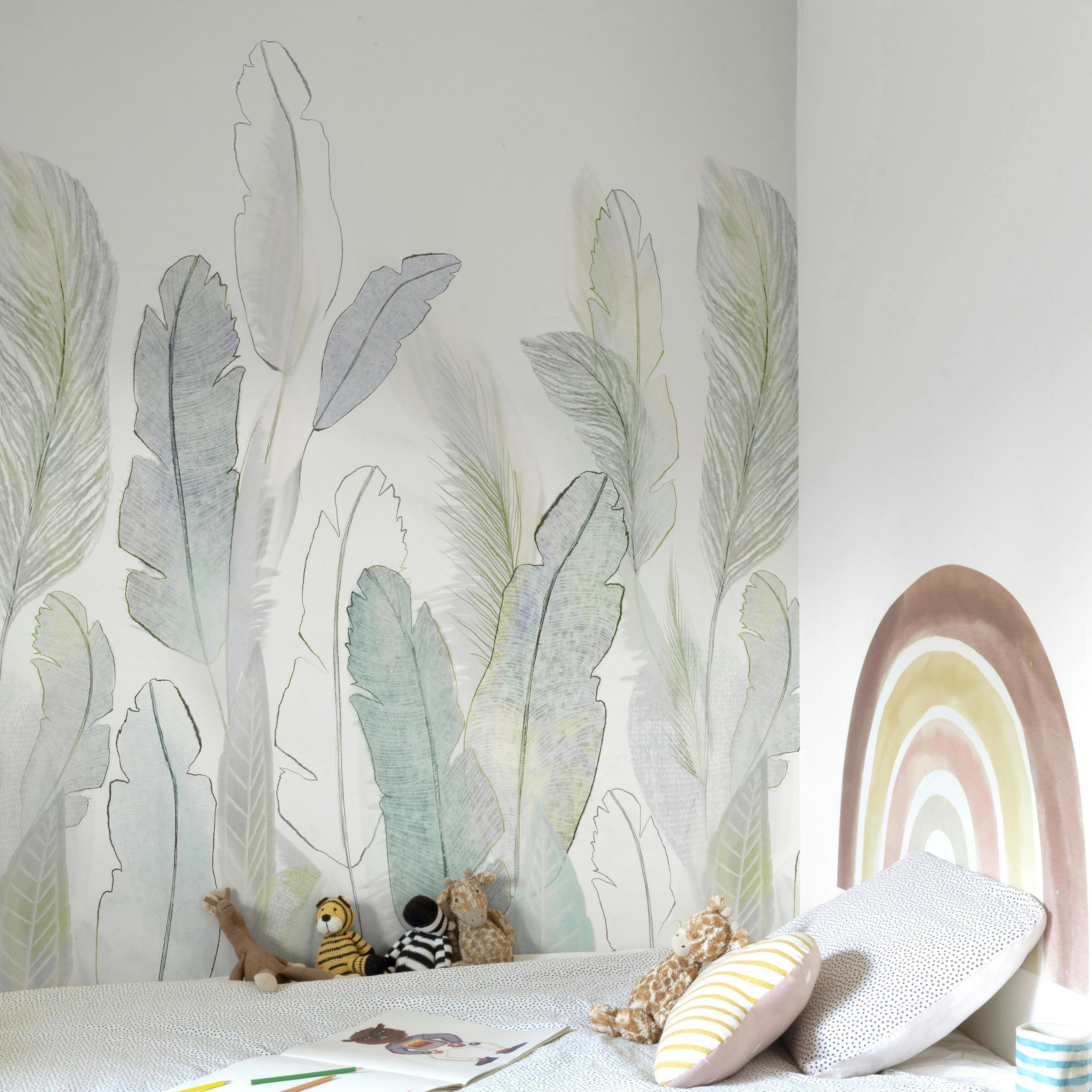 Rackhams Lilac/Light Scarlet Watercolour Dancing Feathers 3 Panel Repeatable Mural 1.59 X 2.8M, Pastel