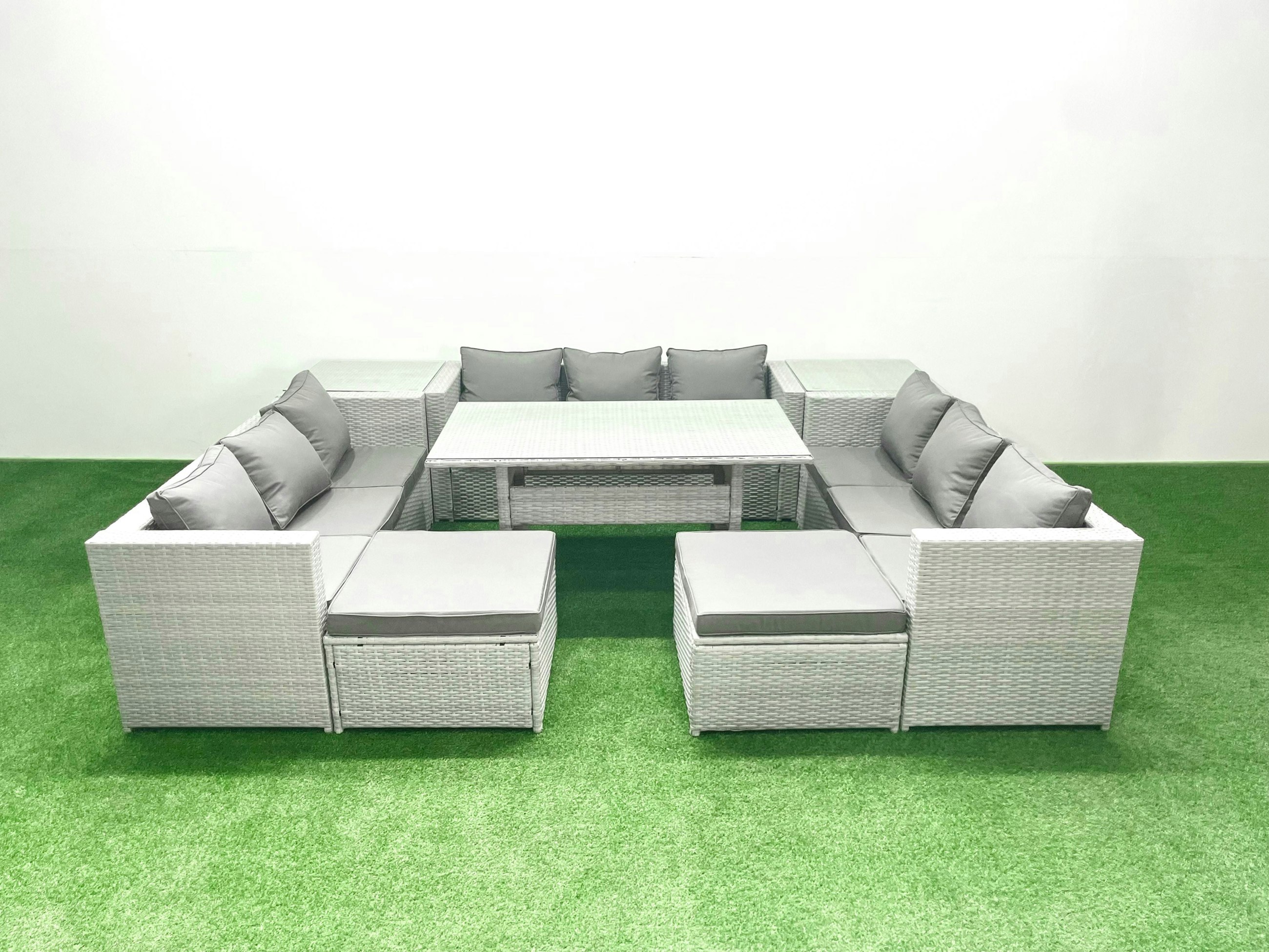 Fimous Light/Grey Rattan Garden Outdoor Furniture Set 11 Seater Garden Sofa Rectangulr Dining Table Set With 2 Big Footstools 2 Side Tables Mixed
