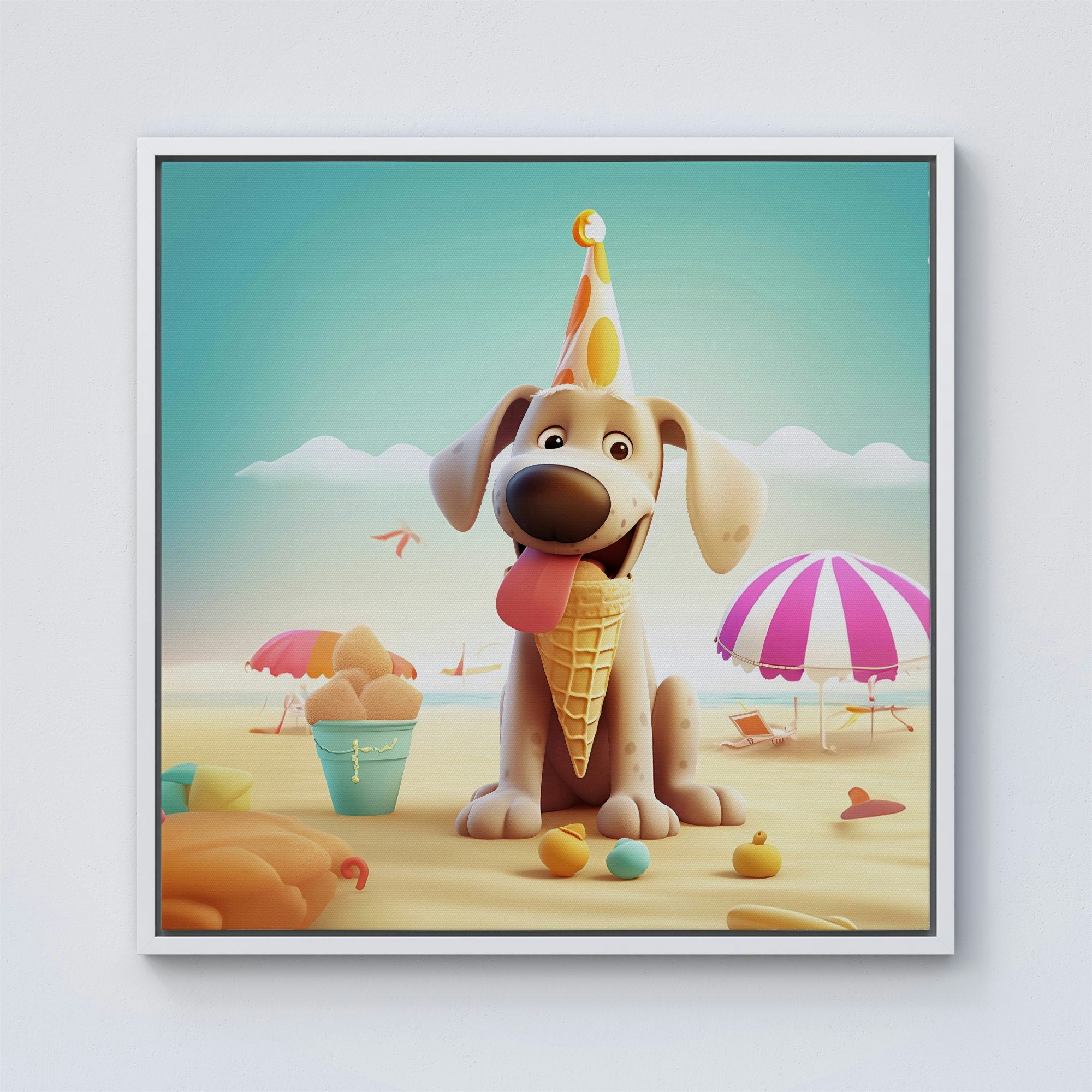 Warren Reed White Dog On A Beach Holiday Framed Canvas - 10" X 10"