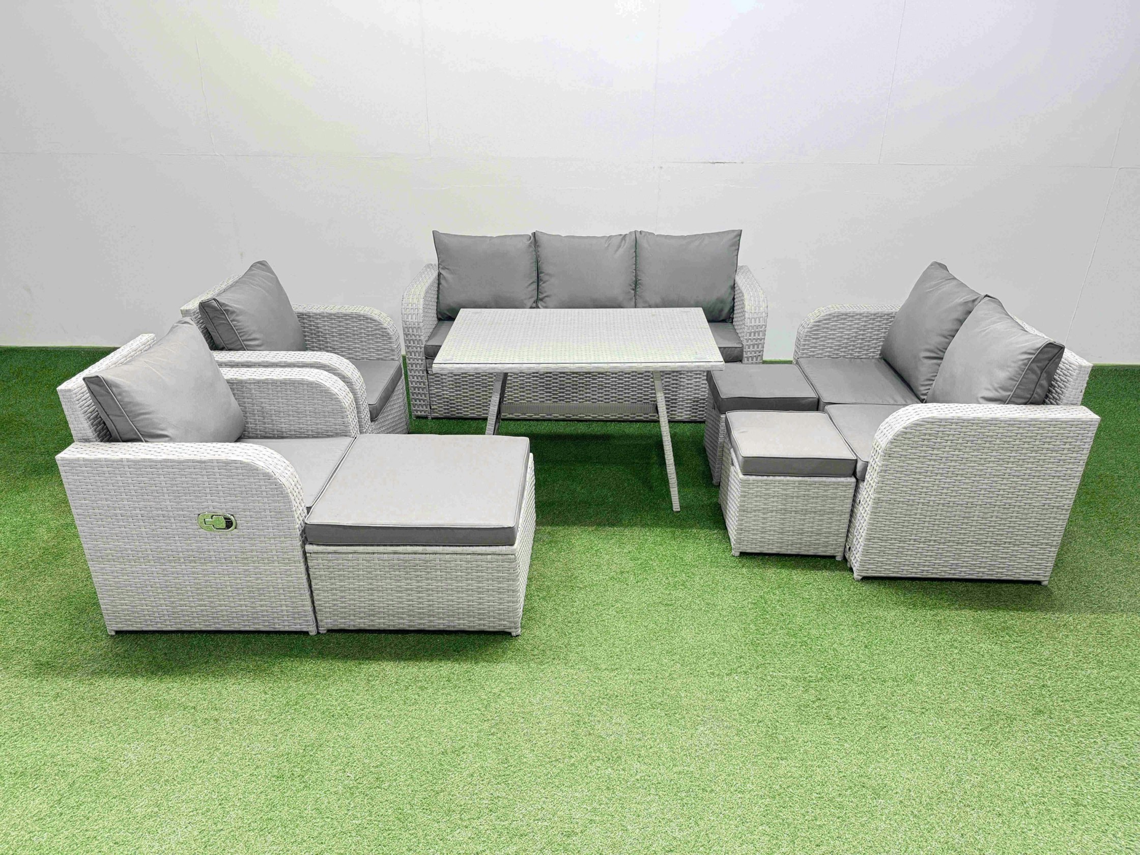 Fimous Light/Grey Pe Rattan Garden Furniture Set Outdoor Rectangular Dining Table Sofa Set With Reclining Chair 3 Stool