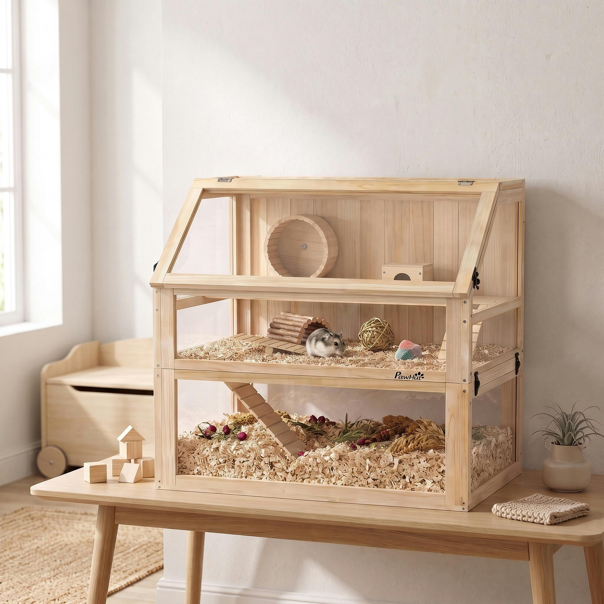 Pawhut Wooden Hamster Cage W/ Detachable Bottom, Hut, Seesaw, Natural