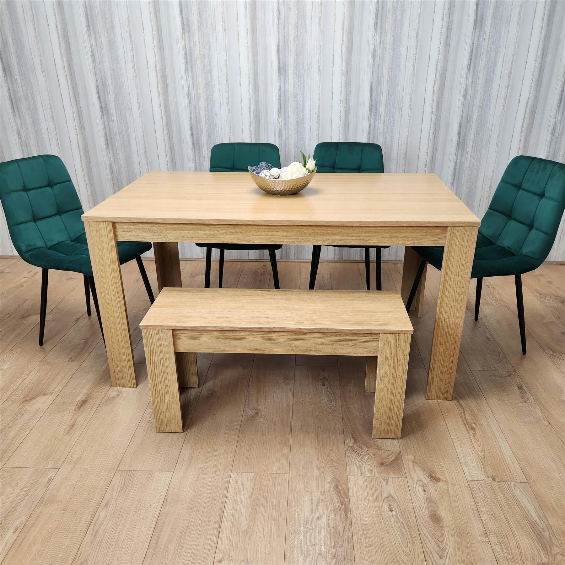 B&Q - Oak Effect Dining Table Set With 4 Green Velvet Chairs And Bench Dining Room Furniture - Image 5