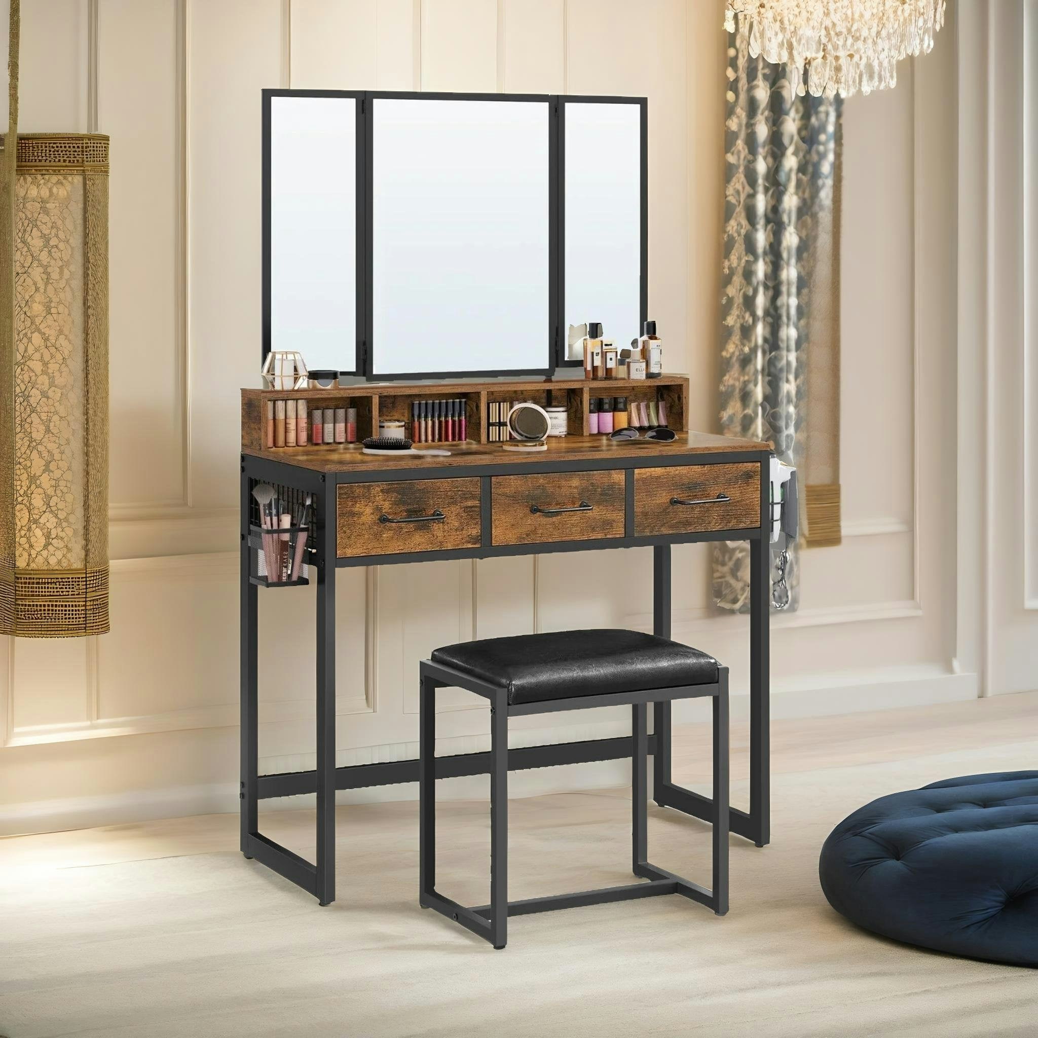 Rafaelo Mobilia Brown 3 Drawer Dressing Table With Mirror And Stool Rustic