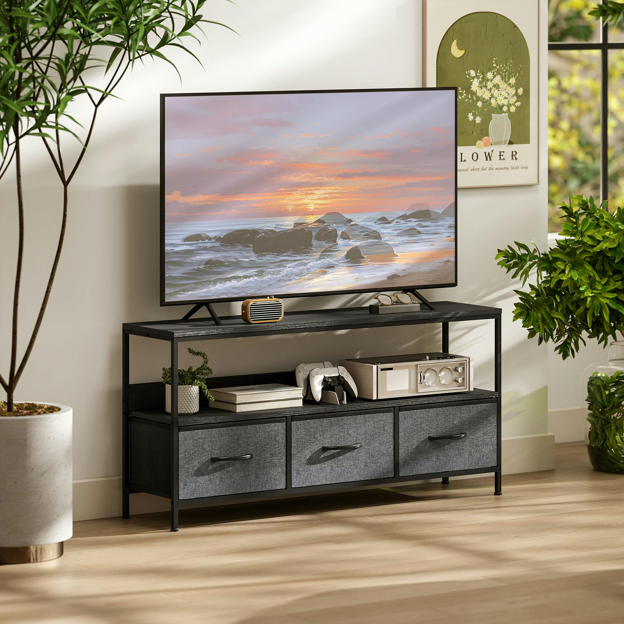 Rackhams Black Tv Cabinet, Tv Console Unit With 3 Foldable Linen Drawers