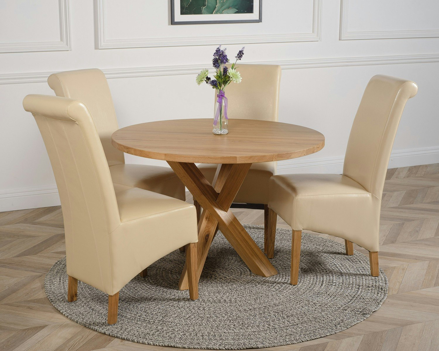 Rackhams Ivory Oregon Round Oak Dining Table With Montana Leather Chairs - 1 - 4 Chairs