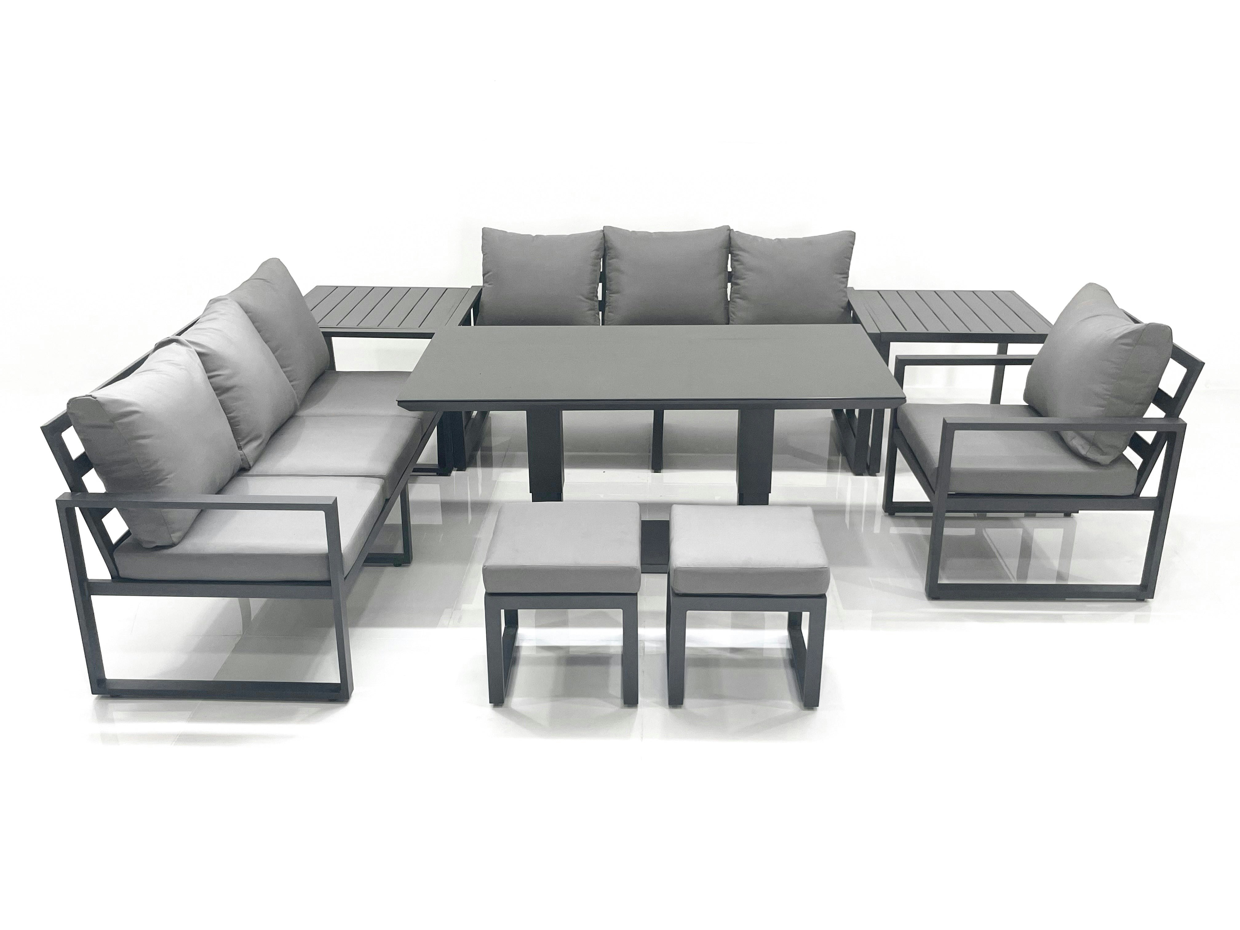 Fimous Dark/Grey Outdoor Garden Furniture Set Aluminium Lounge Sofa Adjustable Rising Lifting Dining Table Sets With 2 Small Footstools 2 Side Tables