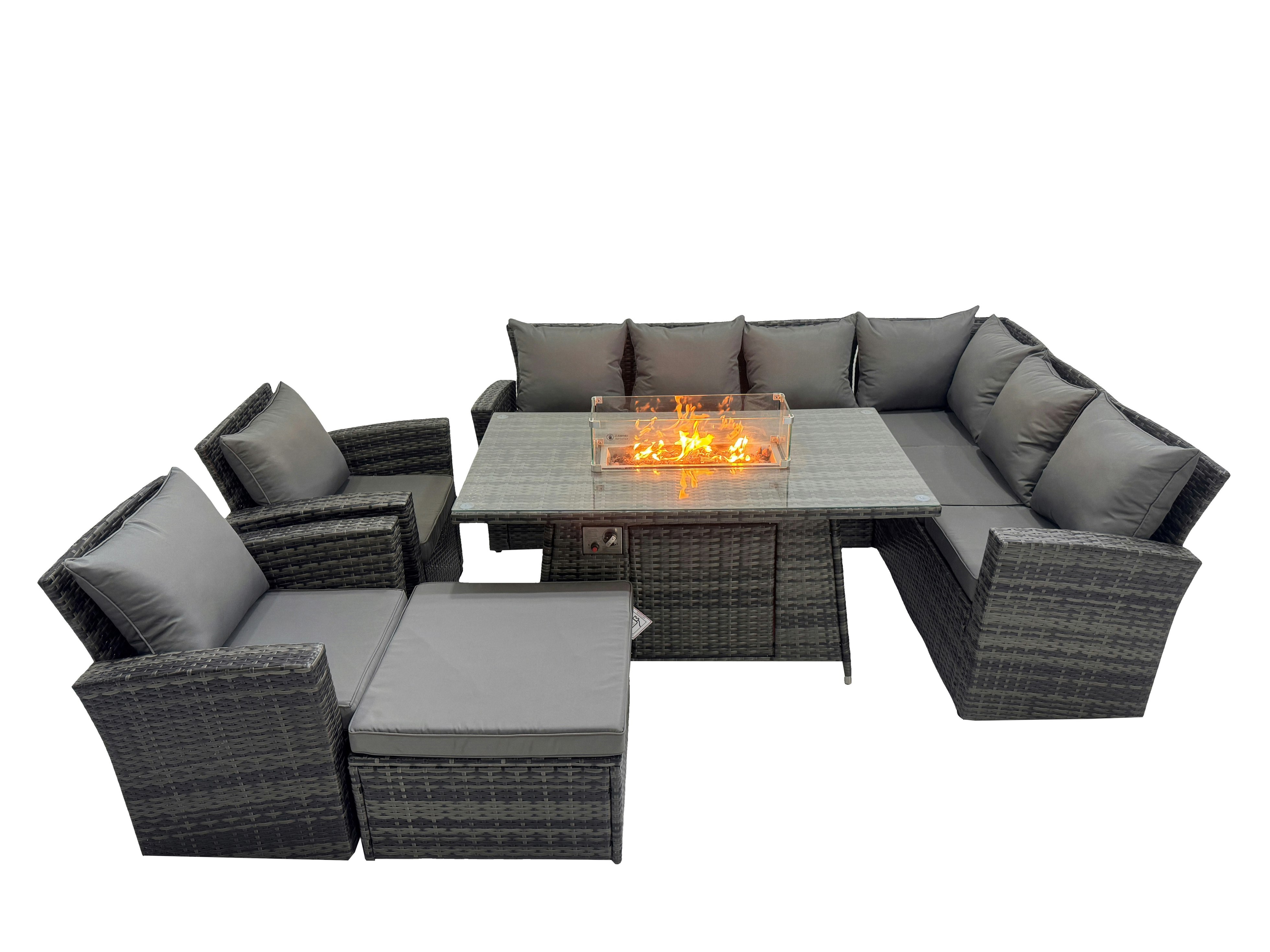 Rackhams Dark/Grey Outdoor Furniture Garden Dining Set Rattan Corner Sofa Chair Set Gas Fire Pit Table With Temper Glass Big Footstool Mixed