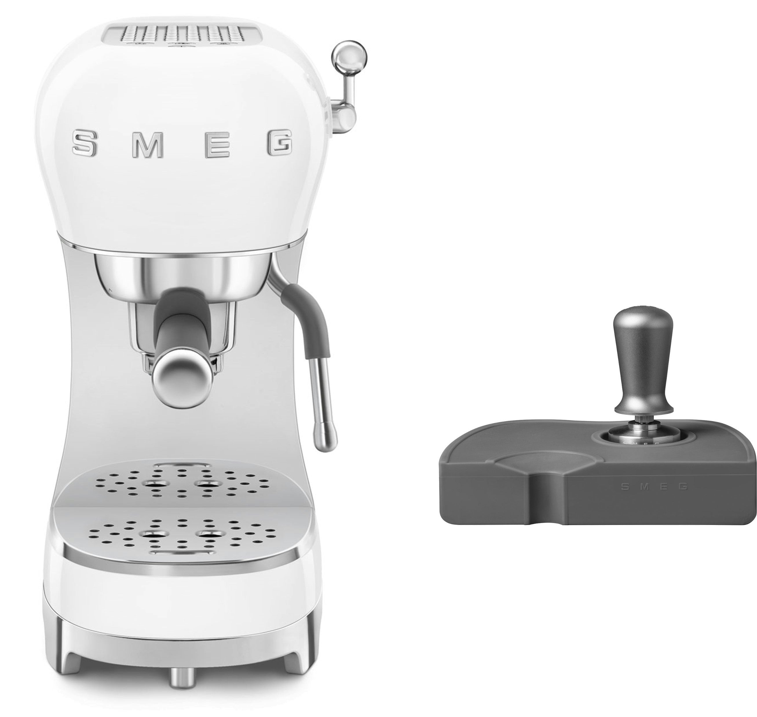 Smeg White Ecf02 Espresso Machine + Ects01 Coffee Tamper Bundle