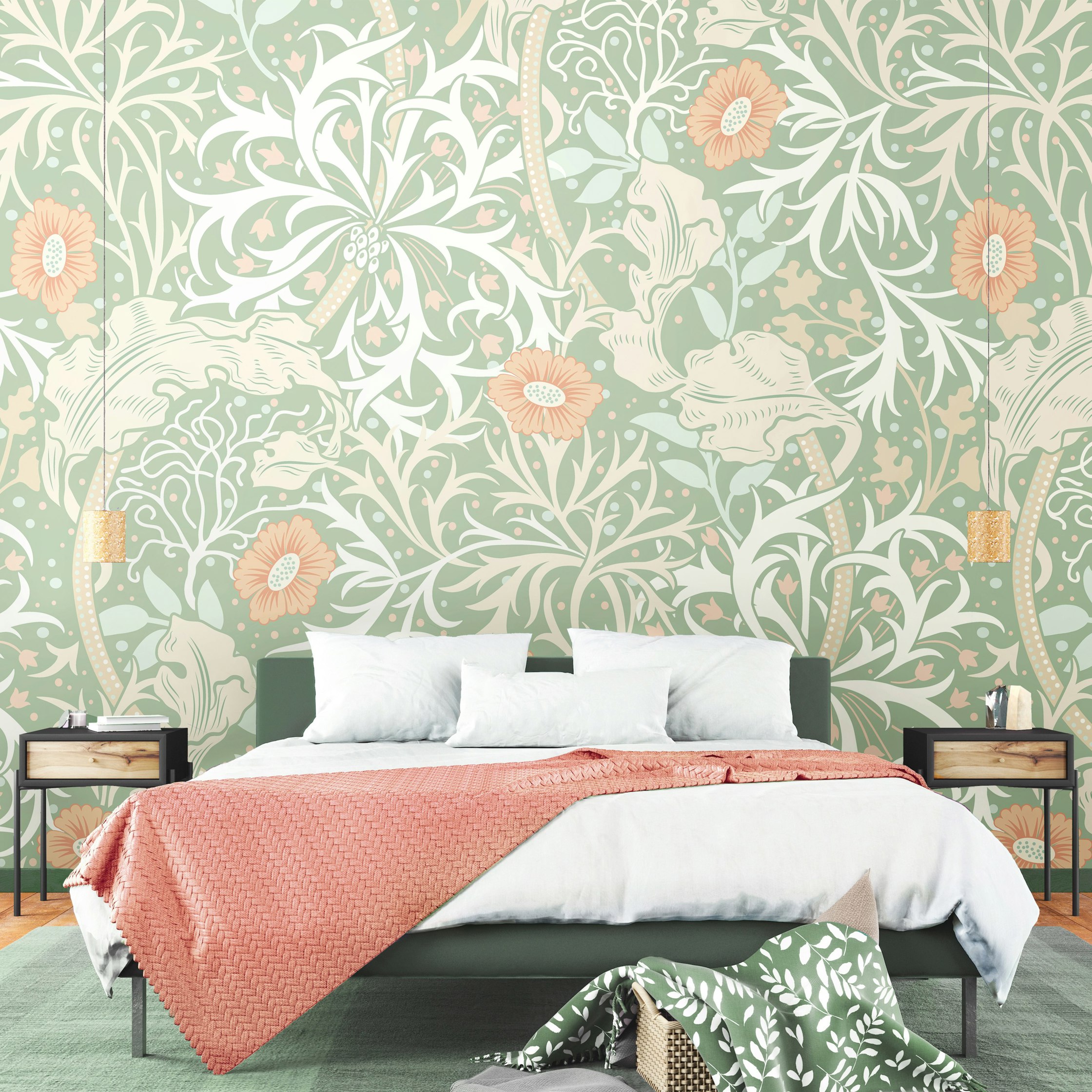 Origin Murals Trailing Seaweed Garden - Sage And Apricot - Medium - W300cm X H240cm
