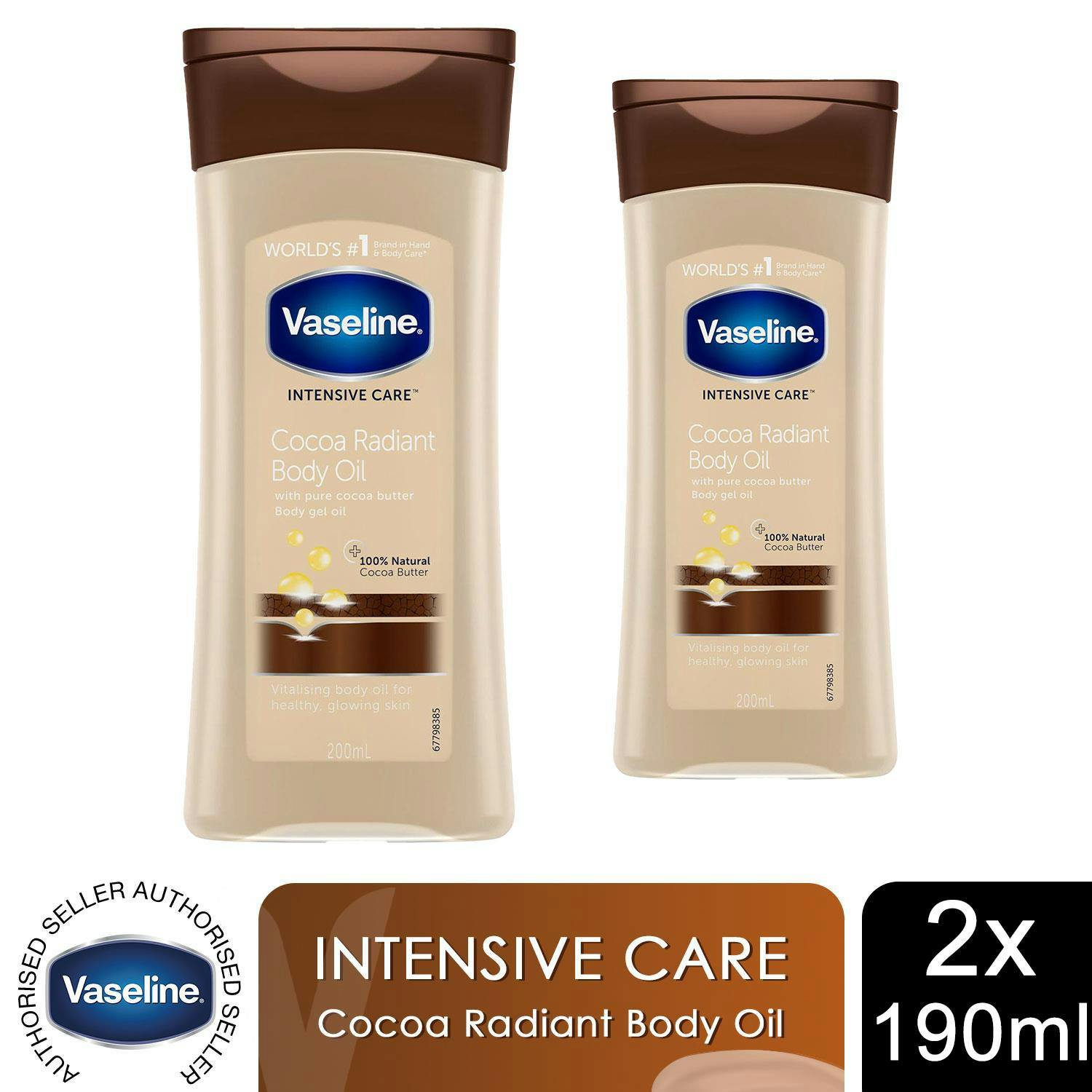 Vaseline Body Gel Oil Intensive Care Cocoa Radiant Cocoa Butter 200Ml, 2 Pack