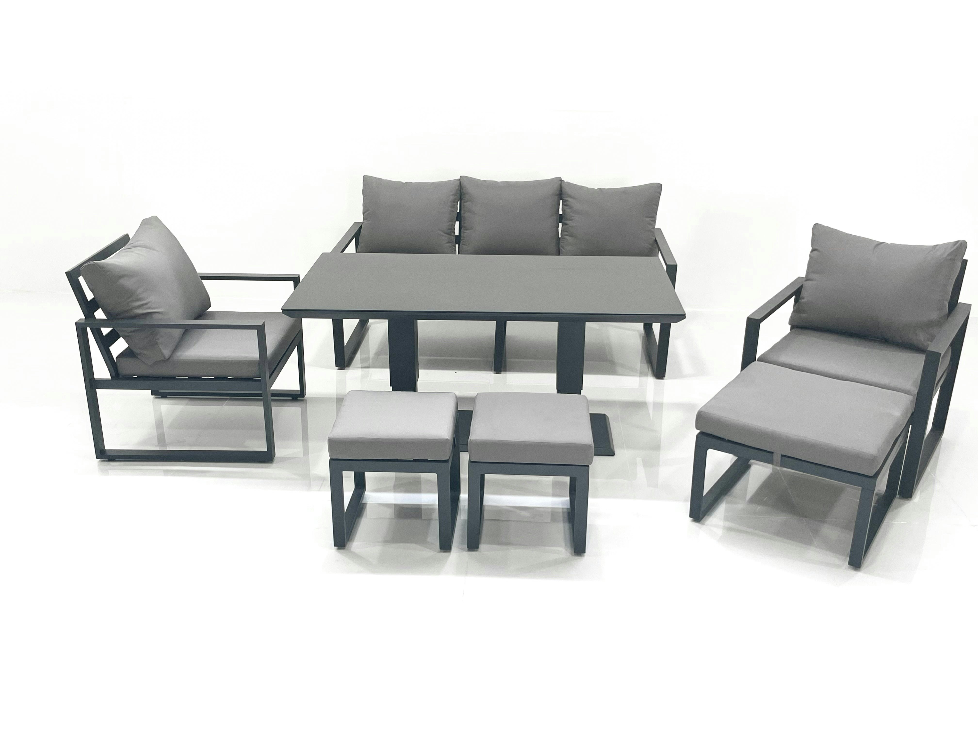 Fimous Dark/Grey 8 Seater Aluminium Outdoor Garden Furniture Set With Adjustable Rising Lifting Dining Table 3 Seater Sofa 2 Chair 3 Footstool