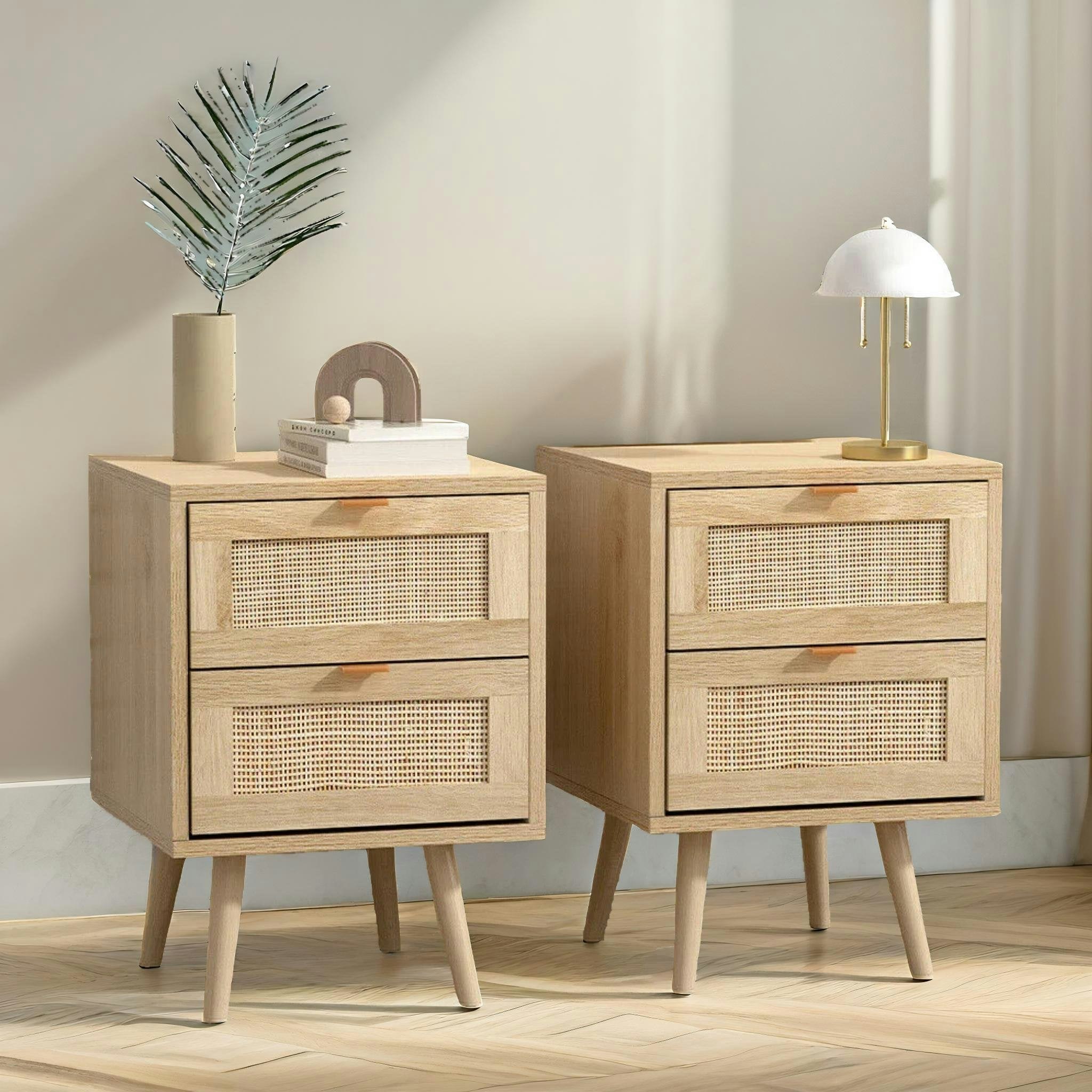 Rafaelo Mobilia Brown Set Of 2 Wooden Rattan Bedside Tables With 2 Drawers