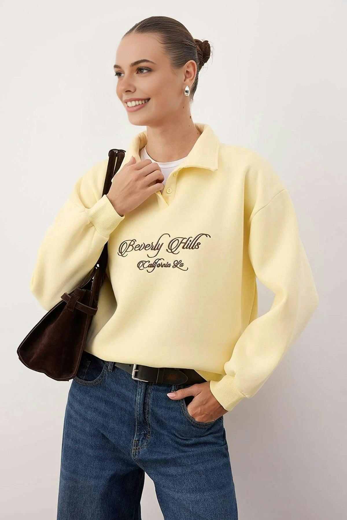 Wovcor Yellow Shirt Collar Slogan Embroidered Polar Fleece Knit Sweatshirt - S