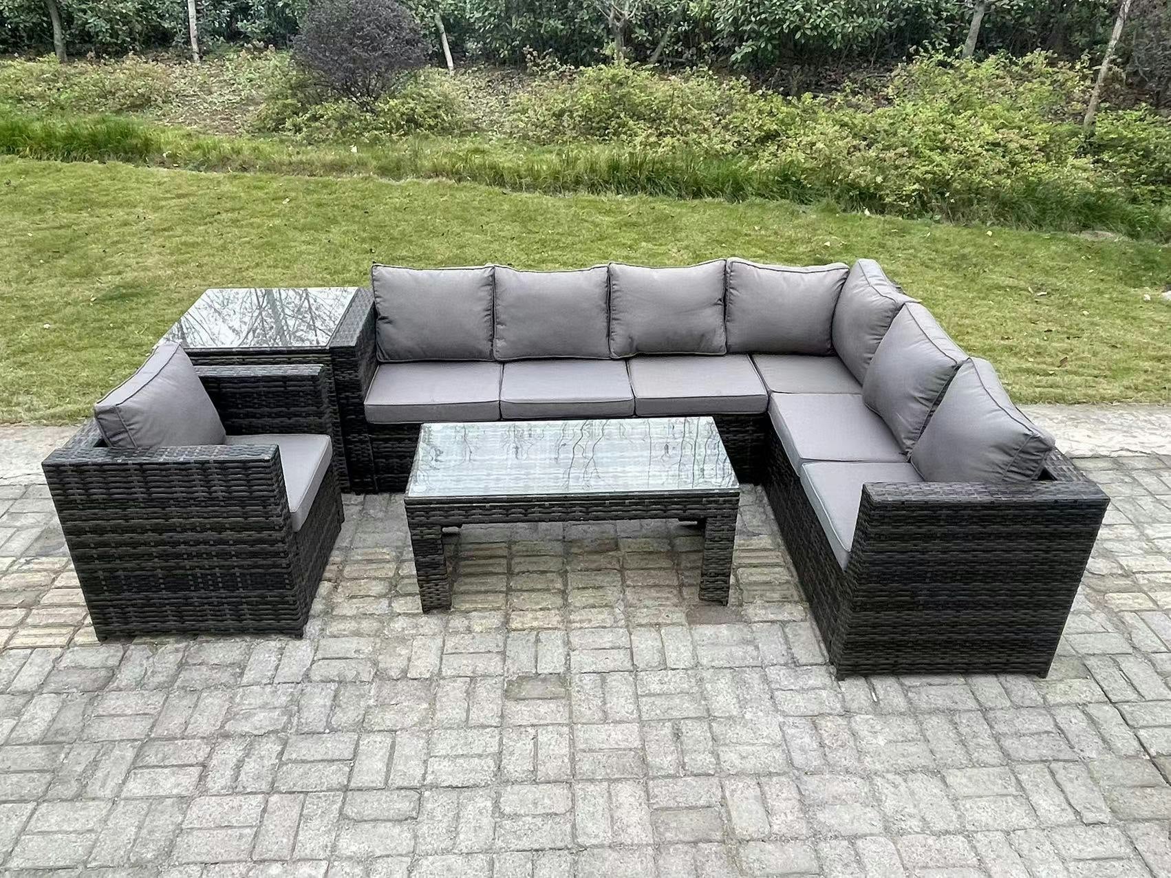Fimous Dark/Grey 7 Seater Rattan Corner Sofa Lounge Sofa Set With Rectangular Coffee Table With Arm Chair And Side Table Mixed Right Hand