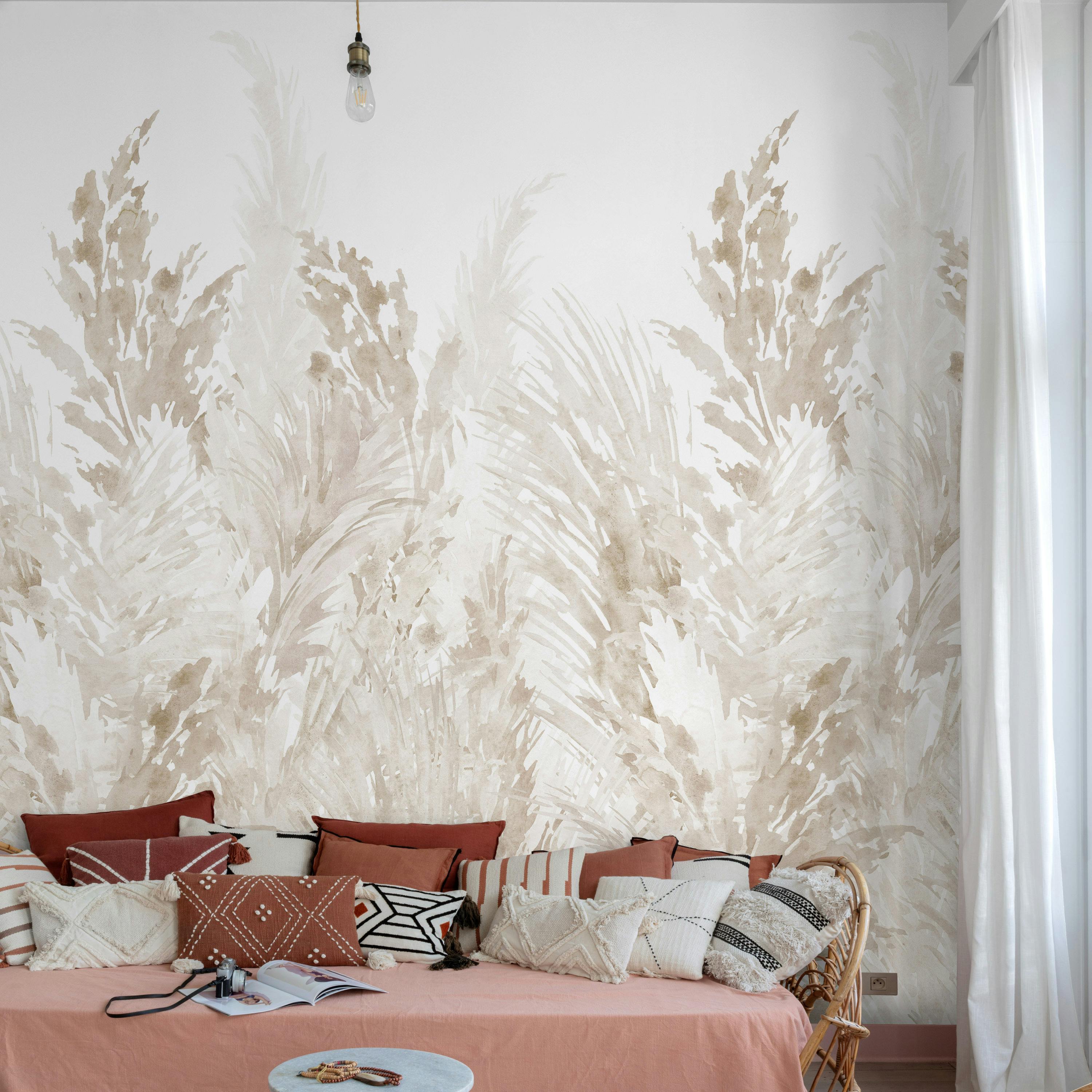 Rackhams Beige Watercolour Pampas Grasses 3 Panel Repeatable Mural 1.59 X 2.8M,