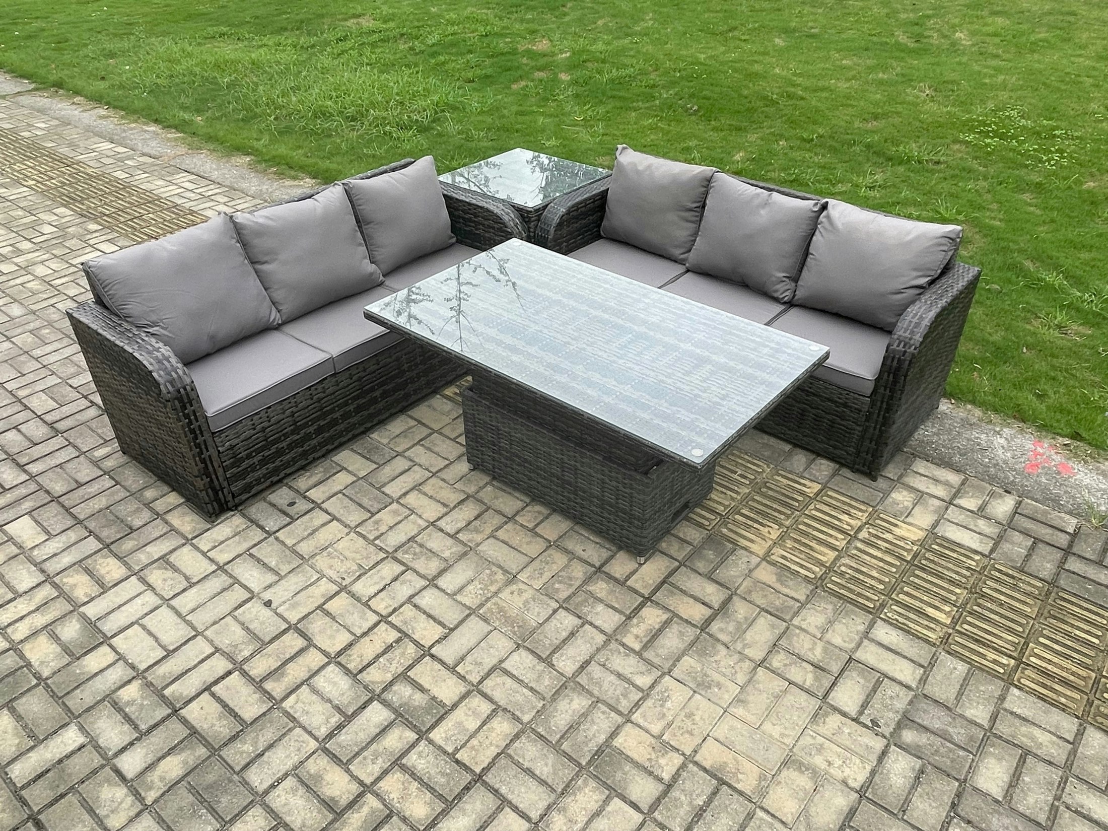 Rackhams Dark/Grey Outdoor Rattan Garden Furniture Lounge Sofa Set With Height Adjustable Rising Lifting Dining Table Mixed