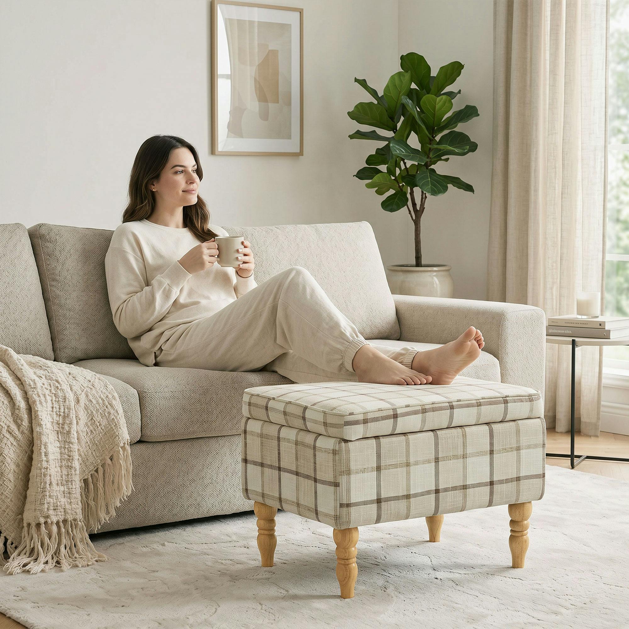 B&Q -  Linen Fabric Upholstered Footstool With Removable TopBrown - Image 5