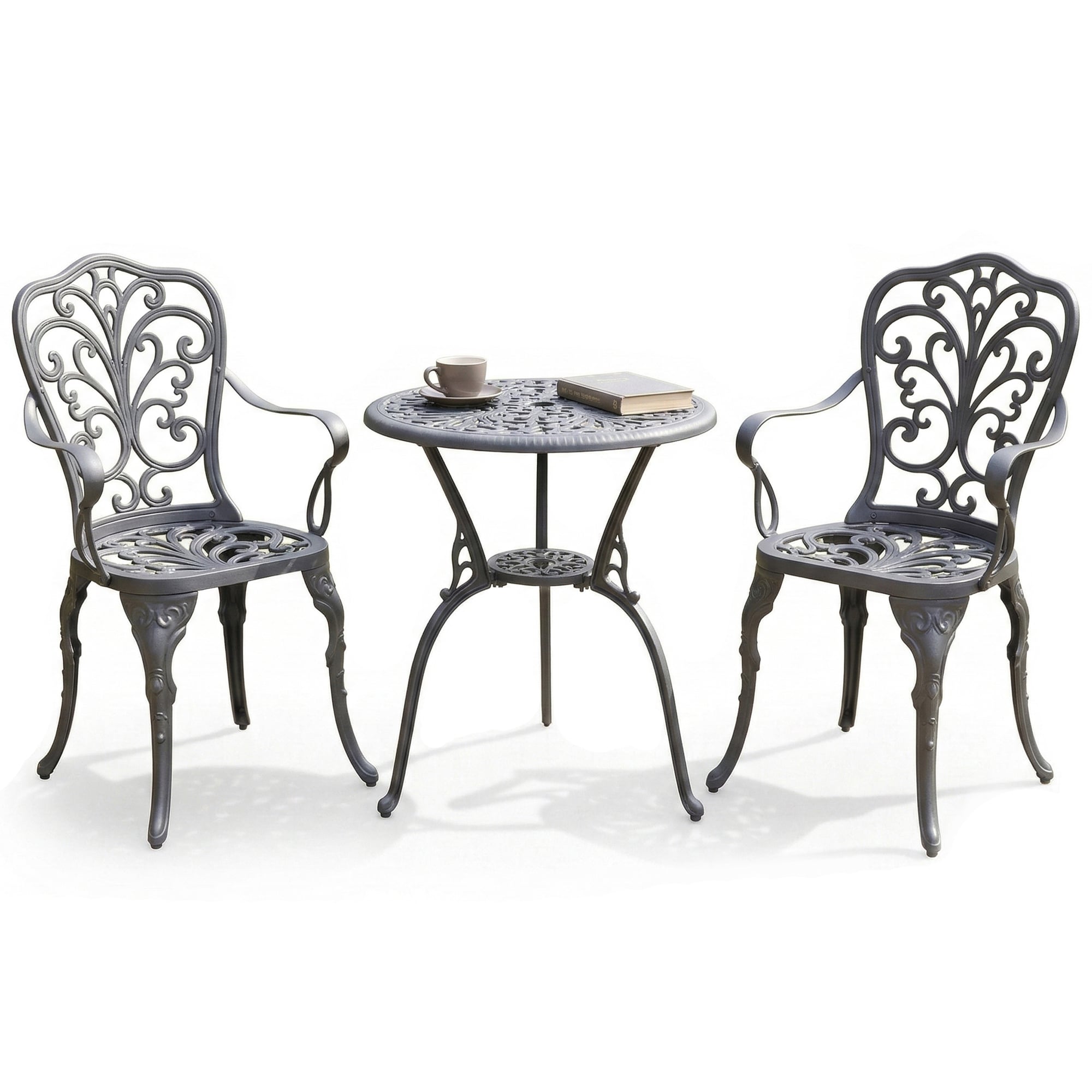 Centurion Supports Grey Bangui Luxurious Garden And Patio Table And 2 Large Chairs With Armrests Cast Aluminium Bistro Set
