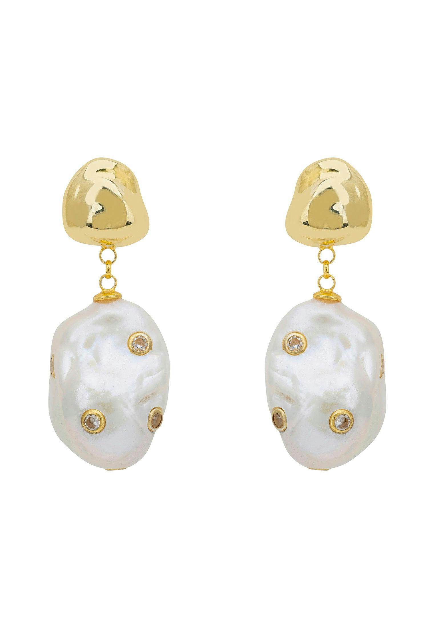 Latelita Gold Polka Dot Baroque Pearl Drop Earrings Cz