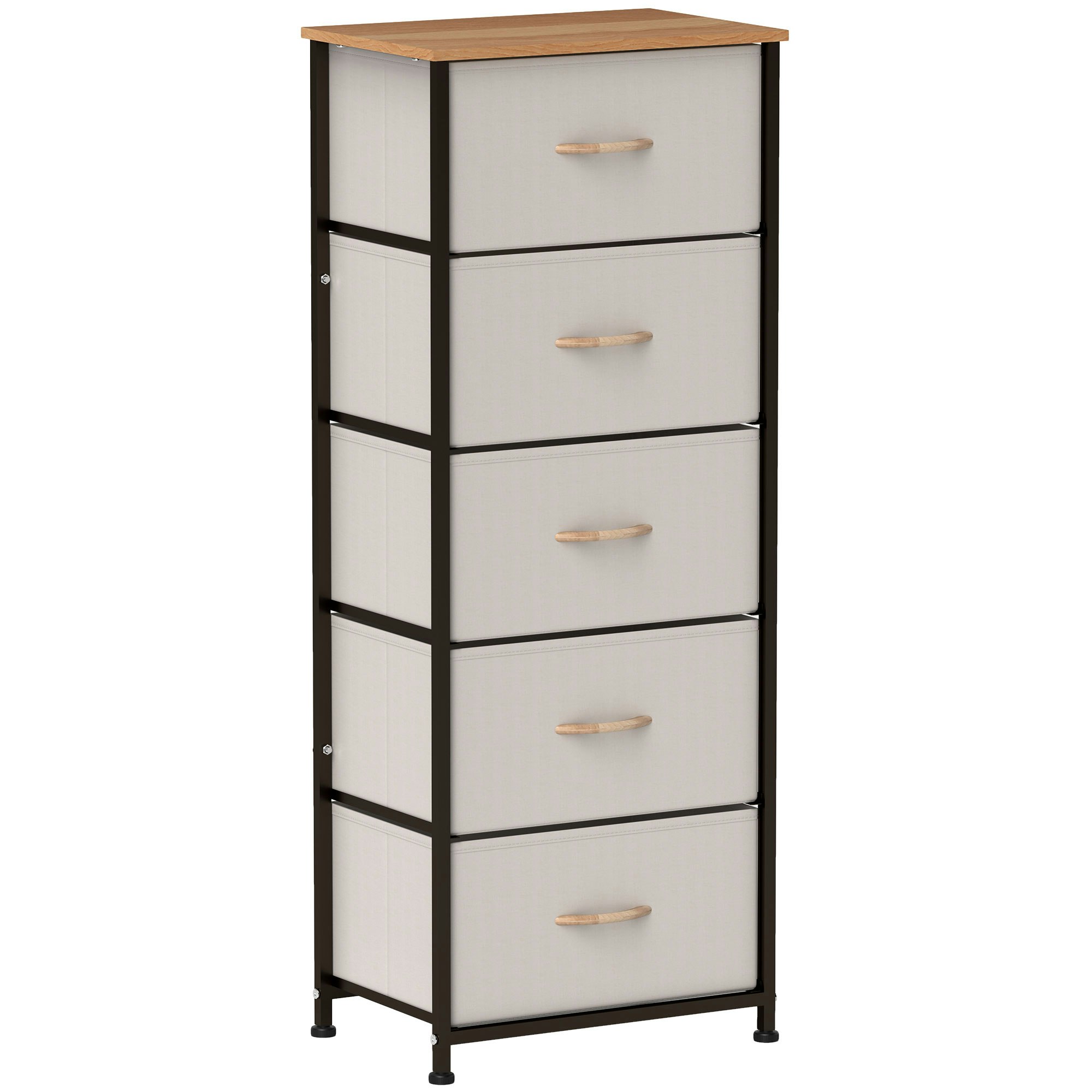 Rackhams Cream 5 Drawer Fabric Chest Of Drawers W/ Wooden Top For Hallway - 5 116Cm X 45Cm X 30Cm