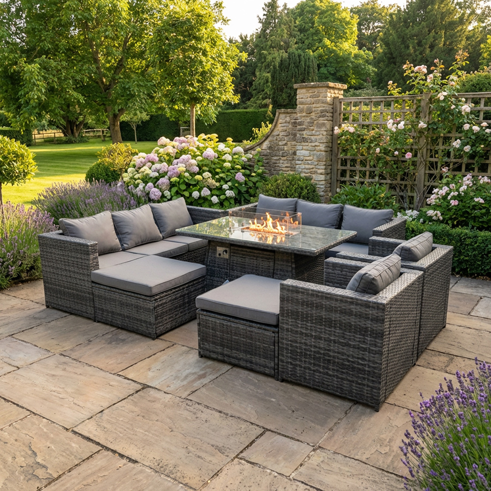 Rackhams Dark/Grey 10 Seater Rattan Garden Furniture Set With Fire Pit Dining Table, 2 Sofas, 2 Chairs, 2 Footstools