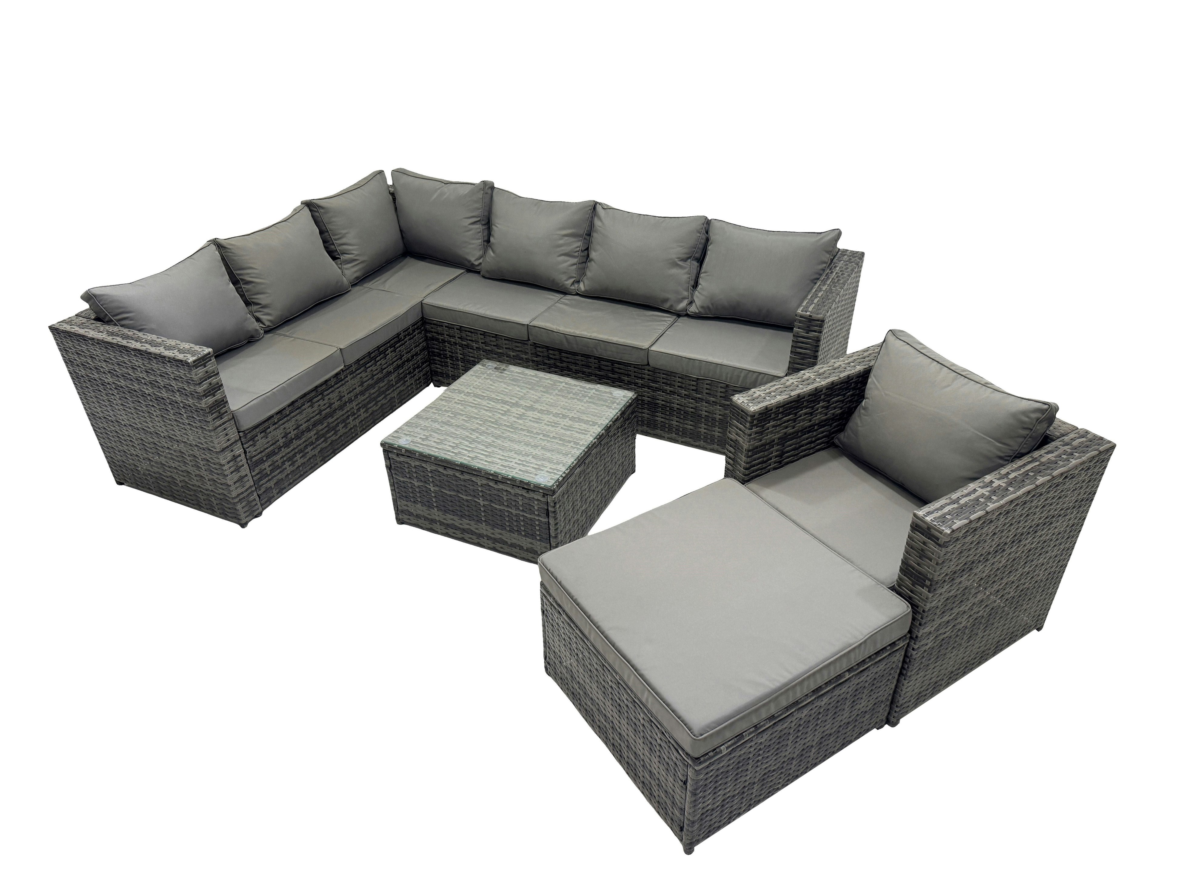 Rackhams Dark/Grey Rattan Garden Furniture Patio Furniture Sets With Corner Sofa Chair Square Coffee Table Big Footstool Mixed
