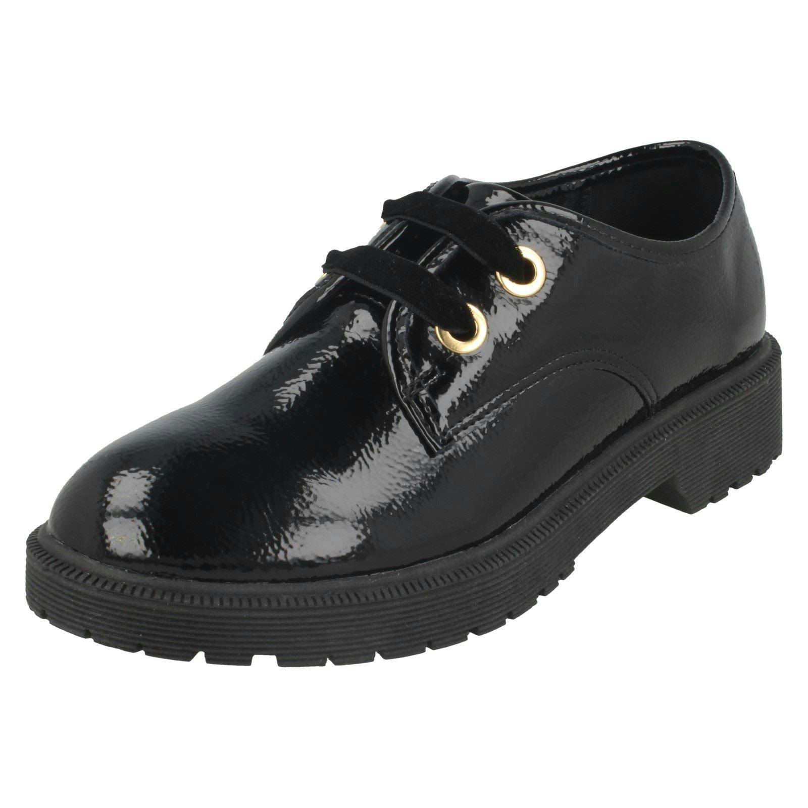 Spot On Girls Black Lace Up Mid Heel Shoes - Synthetic Patent - Uk 2 Child