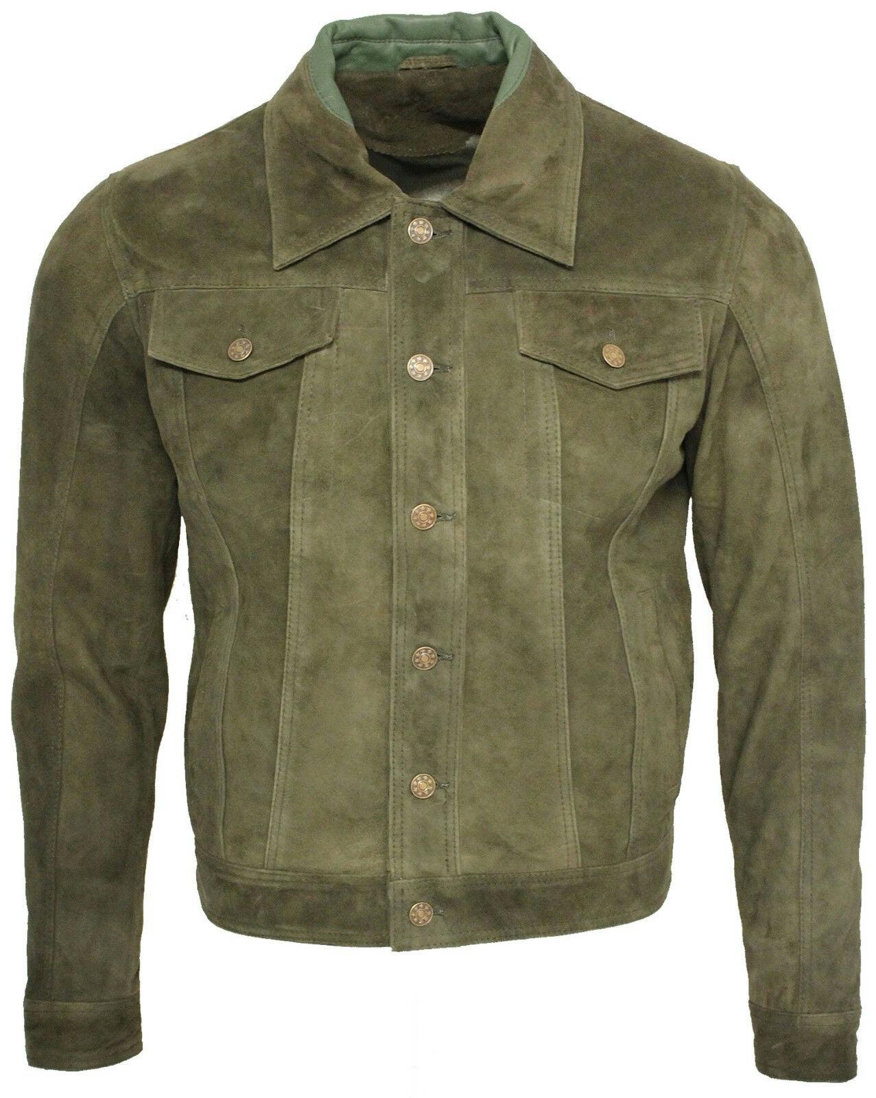 Infinity Leather Men's Green Trucker Classic Suede Leather Shirt Jeans Jacket - Uk M | Eu 48 | Us 38