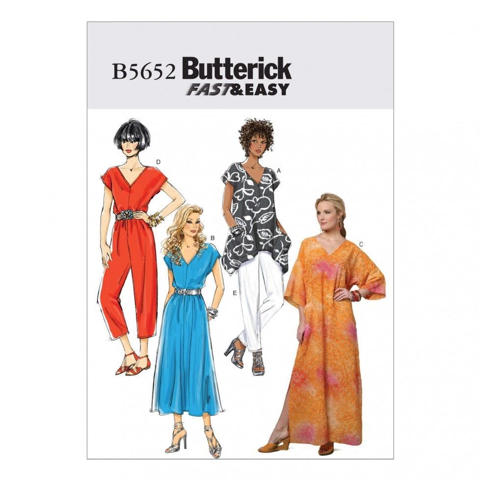 Butterick Women's Sewing Pattern 5652, Caftans, Dresses, Jumpsuits, Trousers, Tops For Xs-S-M - Easy - Xs-S-M