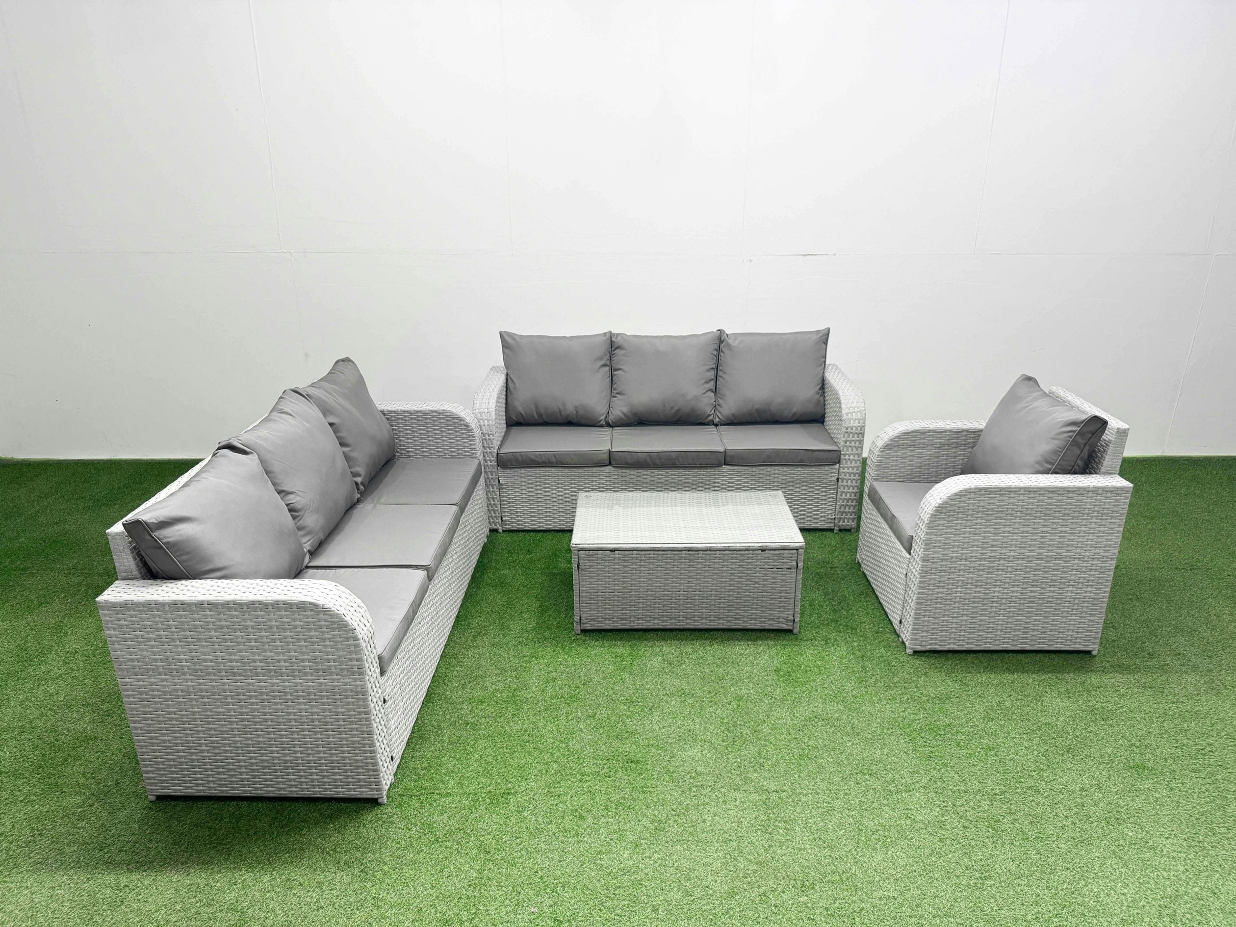 Rackhams Light/Grey 7 Seater Poly Rattan Outdoor Garden Furniture Sofa Set Patio 3 Seater Sofa Reclining Chair 3 Seater Sofa