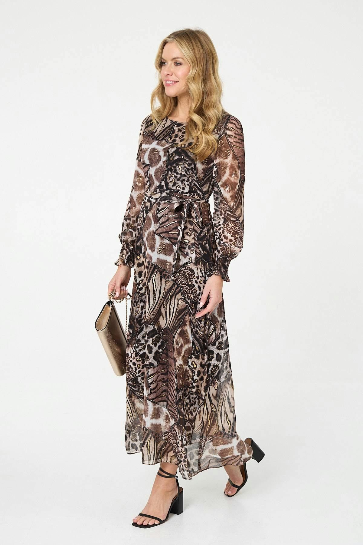 Izabel London Brown Embellished Animal Print Maxi Dress - 18