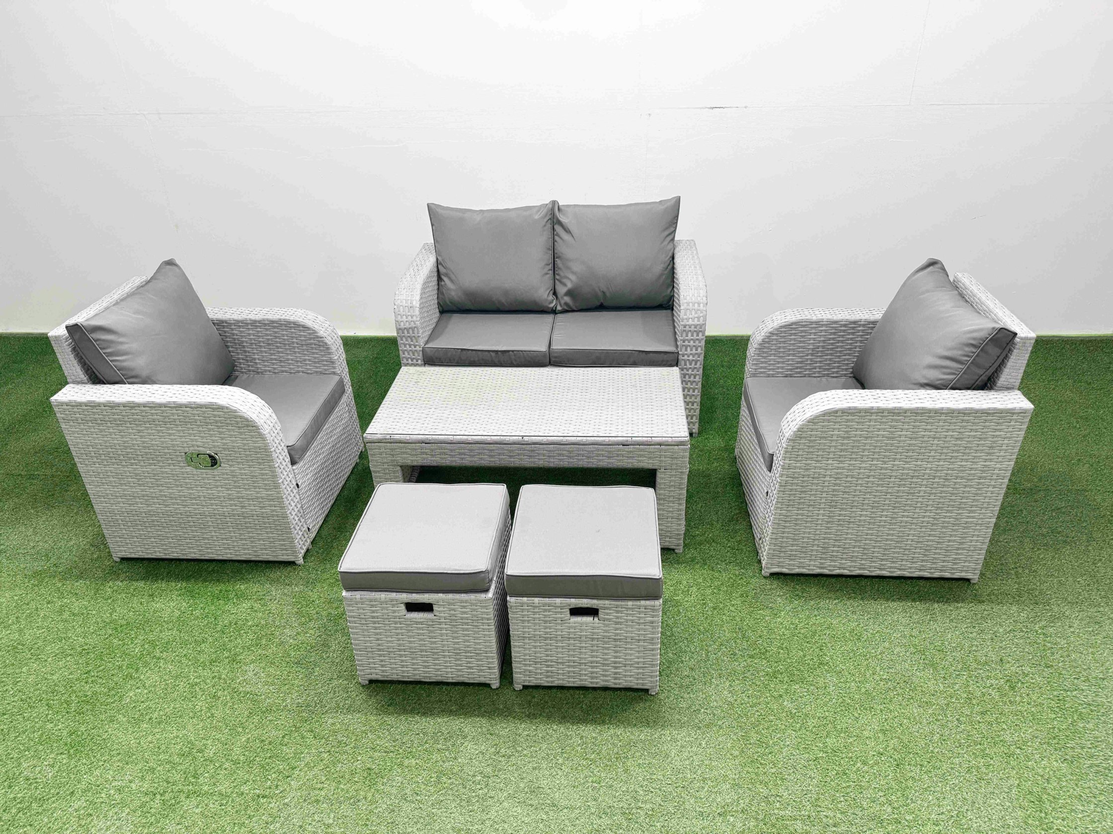 Rackhams Light/Grey Pe Wicker Rattan Garden Furniture Set Sofa Set Reclining Adjustable Chair Oblong Coffee Table 6 Seater 2 Stools Small