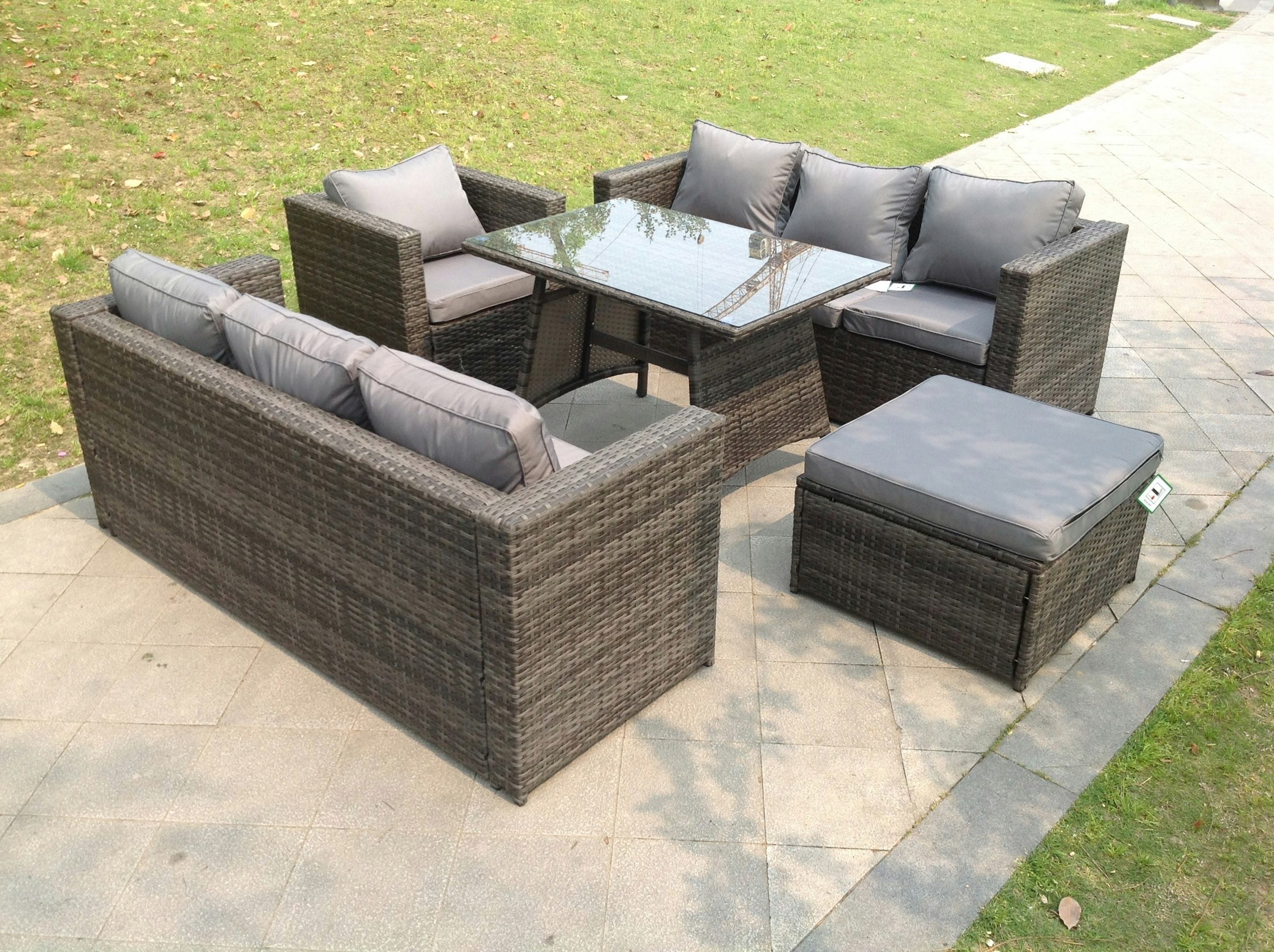 Rackhams Dark/Grey 8 Seater Rattan Sofa Loung Set With Dining Table Arm Chair And Big Footstool
