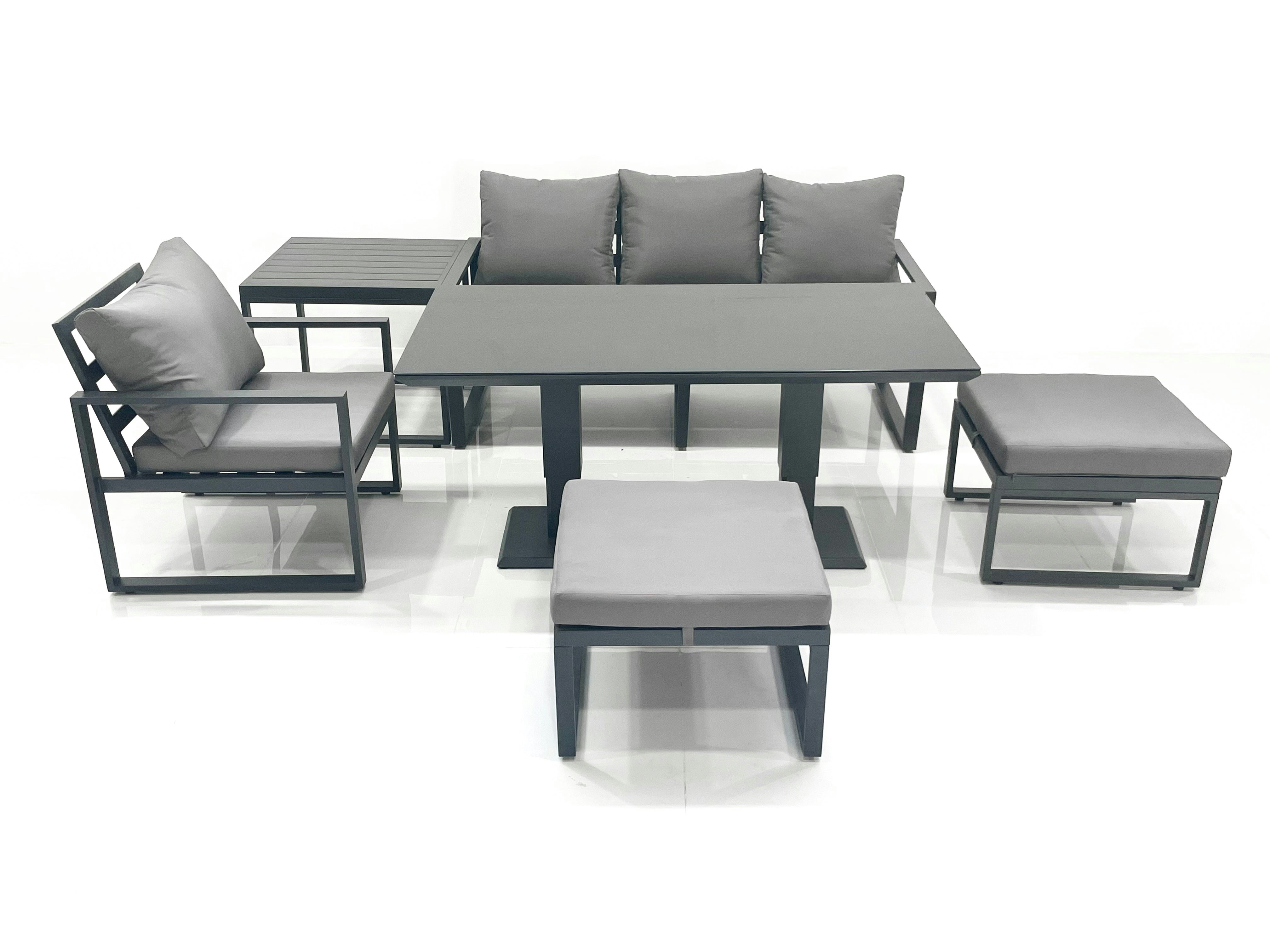 Rackhams Dark/Grey 6 Seater Garden Sofa Set Aluminium Furniture Rising Dining Tabe Set With Chair 2 Big Footstool Side Table