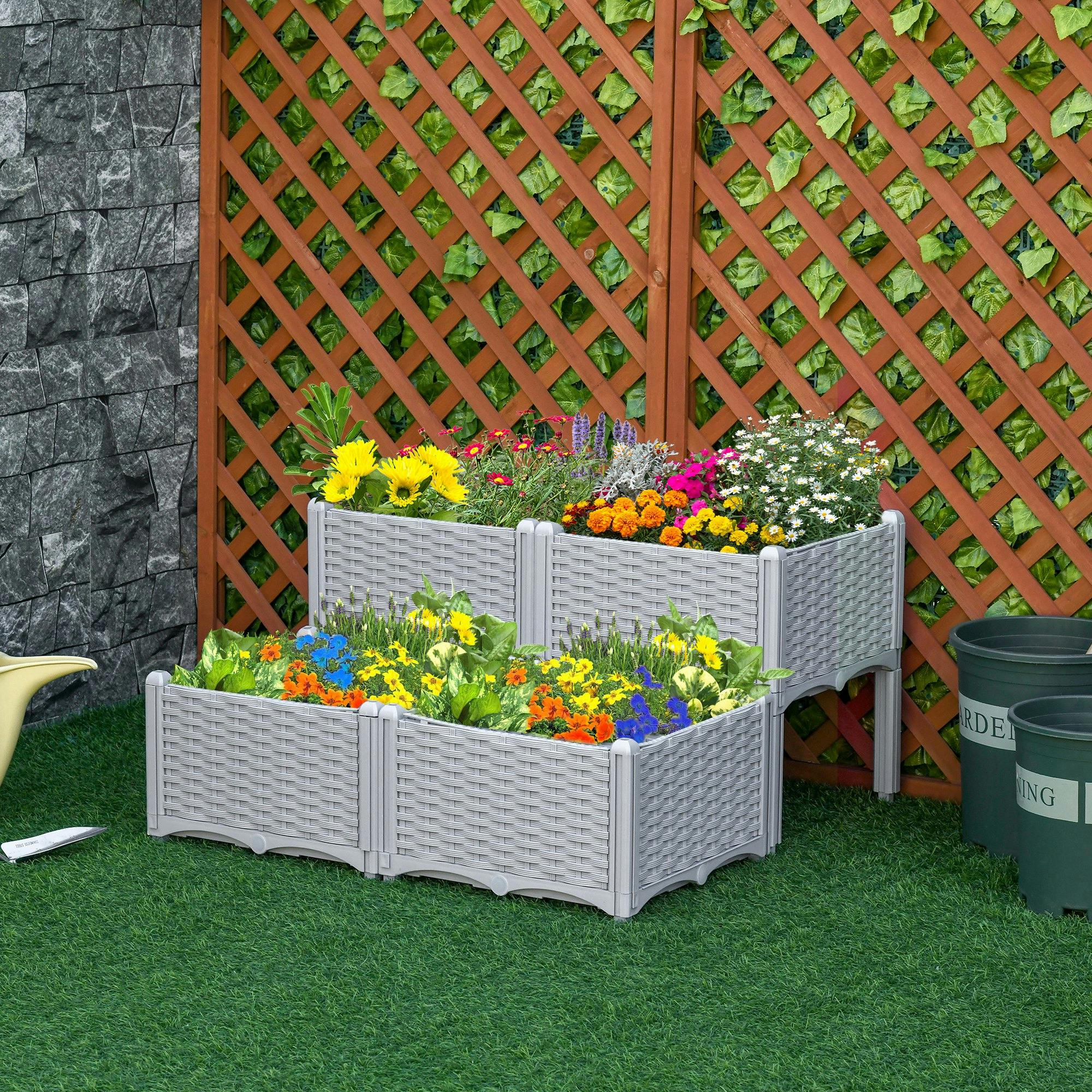 Outsunny Brown/Grey 2-Piece Elevated Flower Bed Vegetable Herb Planter Plastic, - 4 Pcs