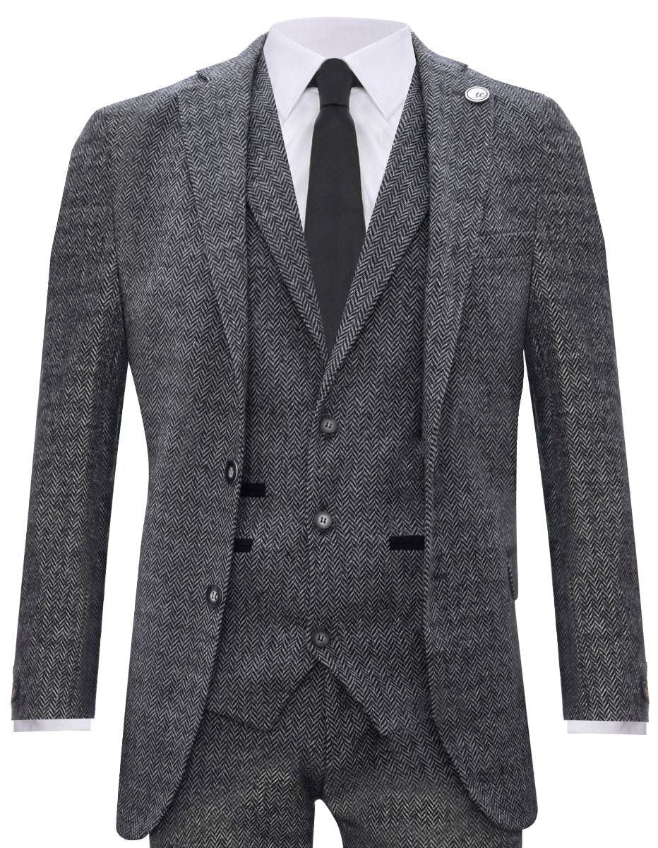 Truclothing Men's Grey 3 Piece Herringbone Tweed Suit - 38" Jacket 32" Trousers