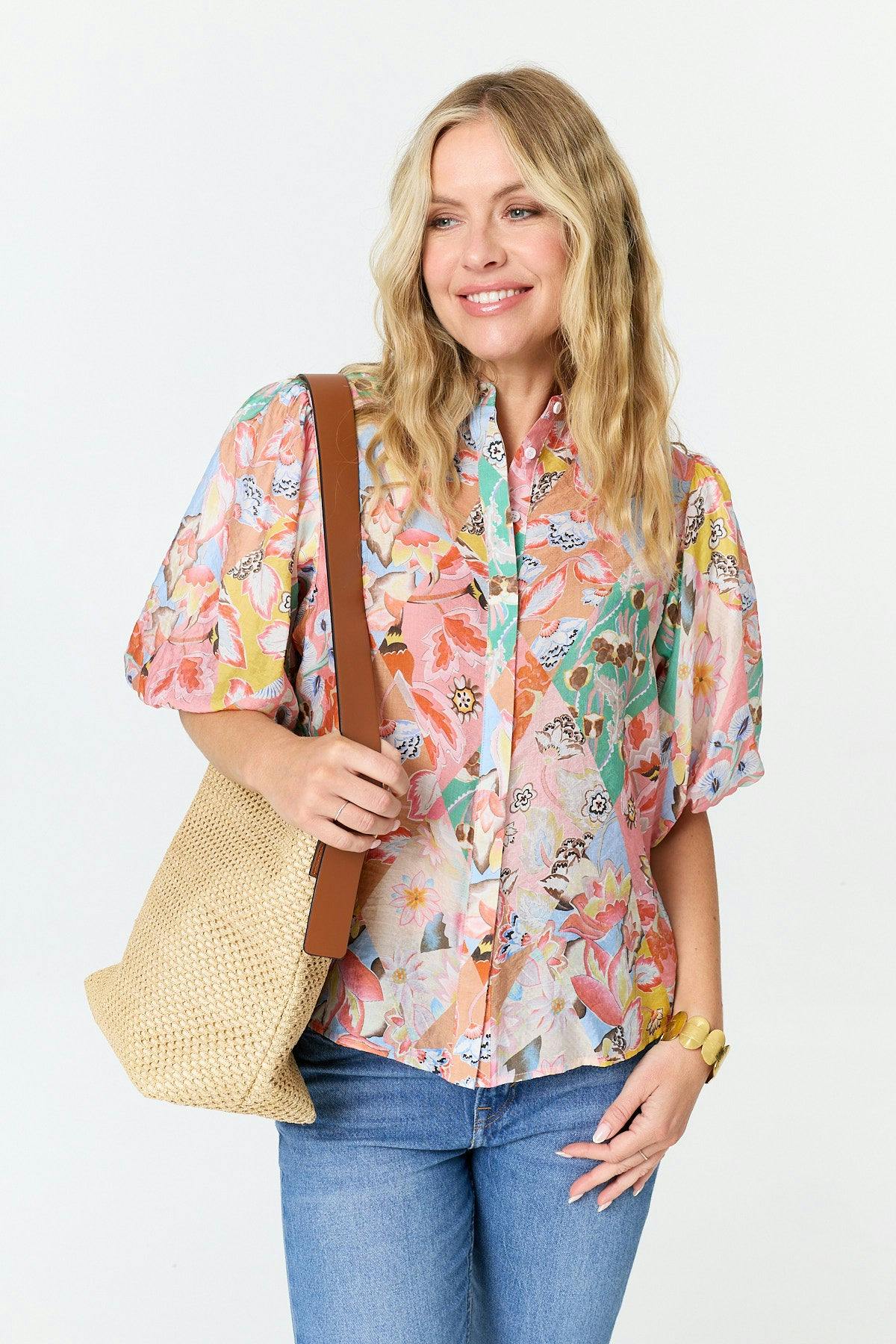 Izabel London Pink Abstract 1/2 Puff Sleeve Shirt - 8