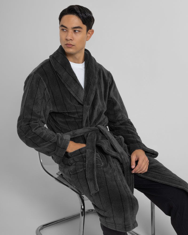 Steel & Jelly Portland - Striped Supersoft Fleece Dressing Gown - Charcoal - Xl